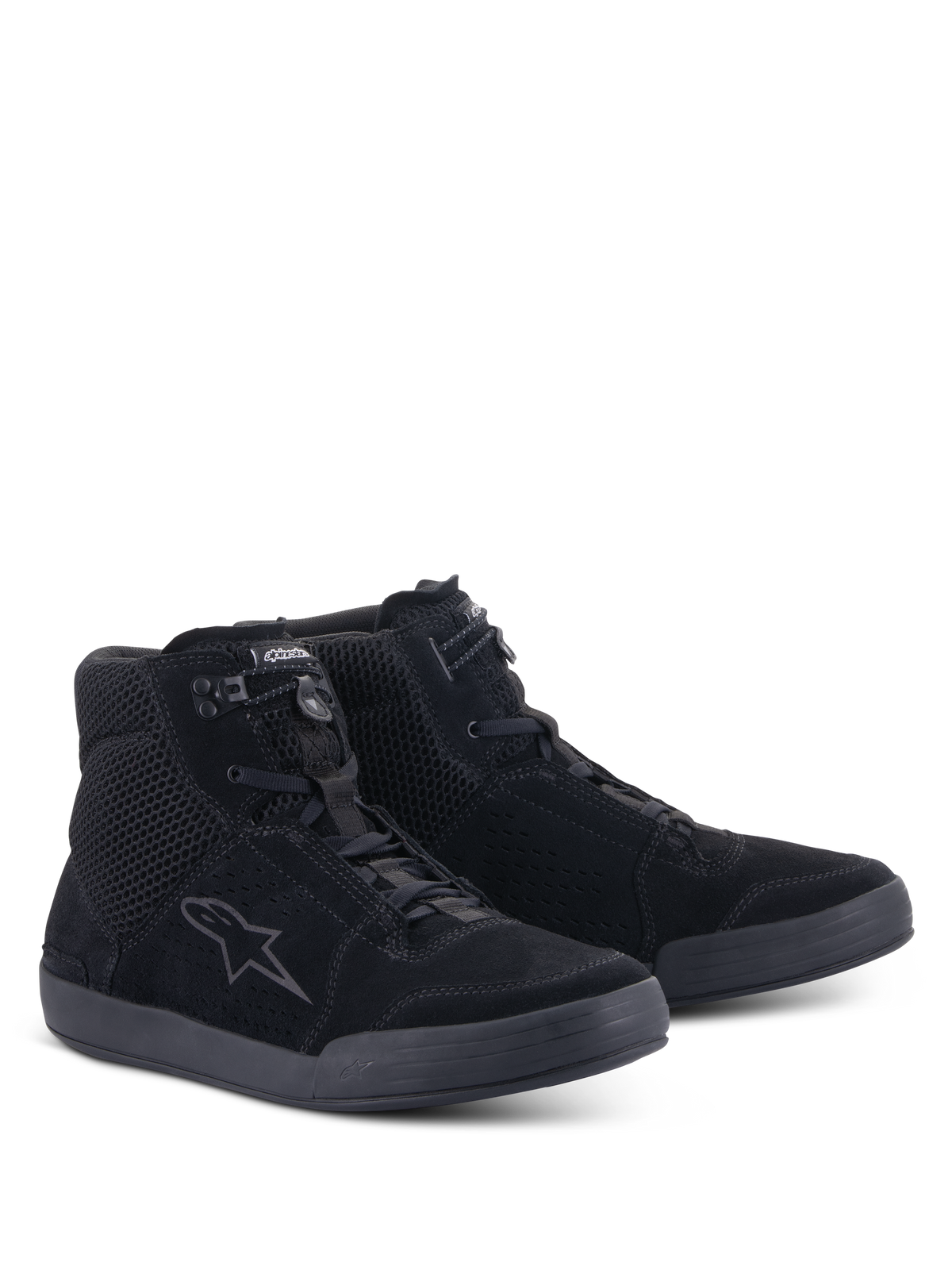 Alpinestars Chrome Air Shoe, Motorcycle Riding Shoes, Black Black, three-quarter front view, split suede and mesh upper with Alpinestars logo on the side, urban high-top sneaker design for road riding