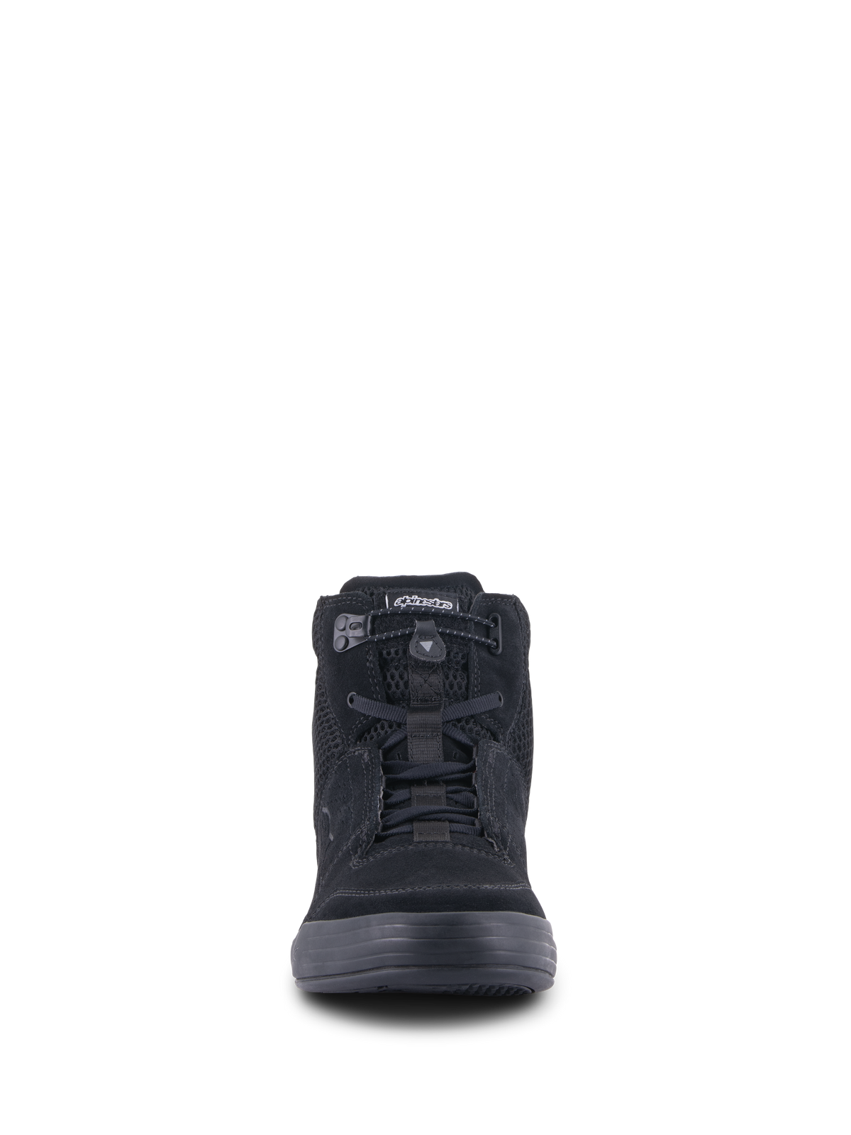 Alpinestars Chrome Air Shoe, urban motorcycle riding shoe, Black, front view showing split suede and mesh upper, elasticated lace closure, and casual high-top sneaker design