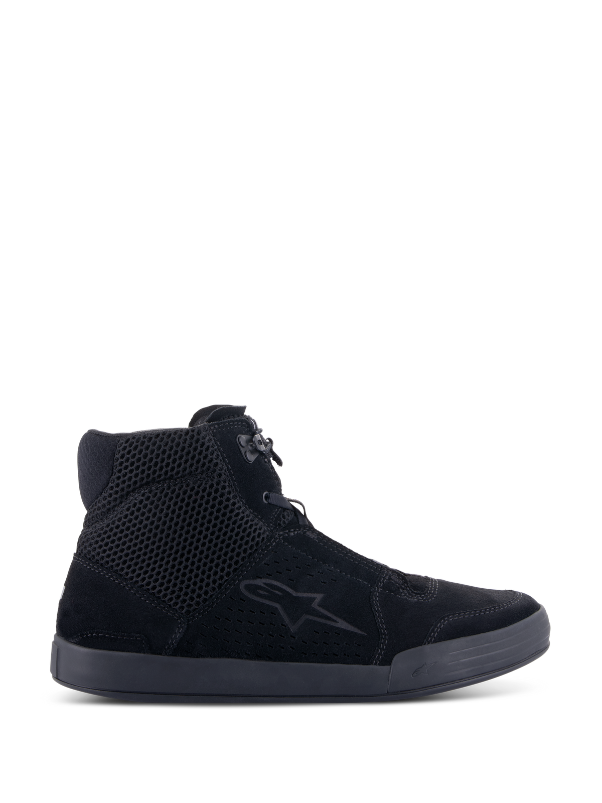 Alpinestars Chrome Air Shoe, Urban Motorcycle Riding Shoes, Black on Black, side view featuring split suede and mesh upper, high-top sneaker silhouette, casual protective footwear for road use