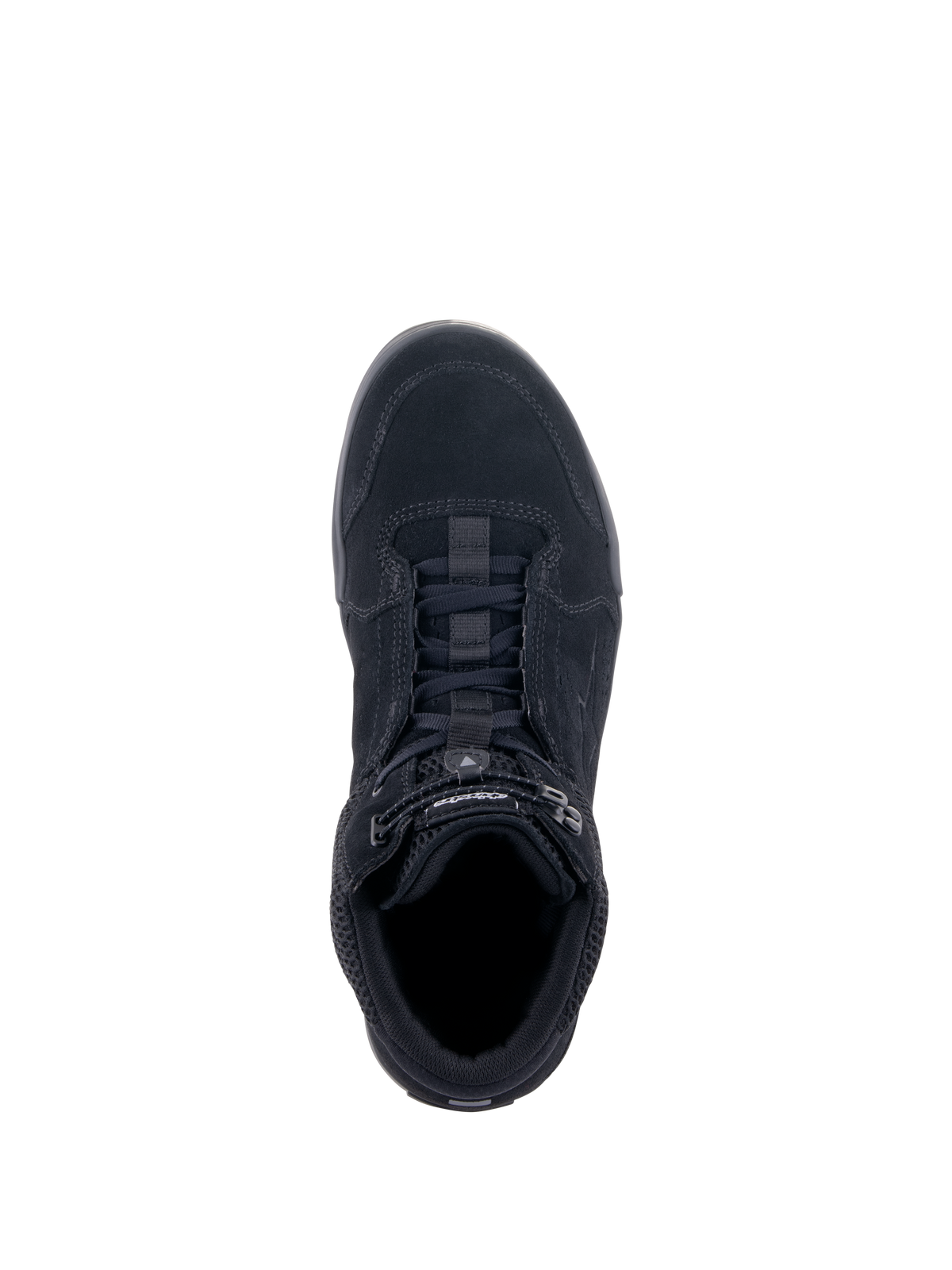 Alpinestars Chrome Air Shoe, Urban Motorcycle Riding Shoe, Black Black, top-down view showing split suede and mesh upper, lacing system with elasticated closure, casual sneaker design for urban commuting