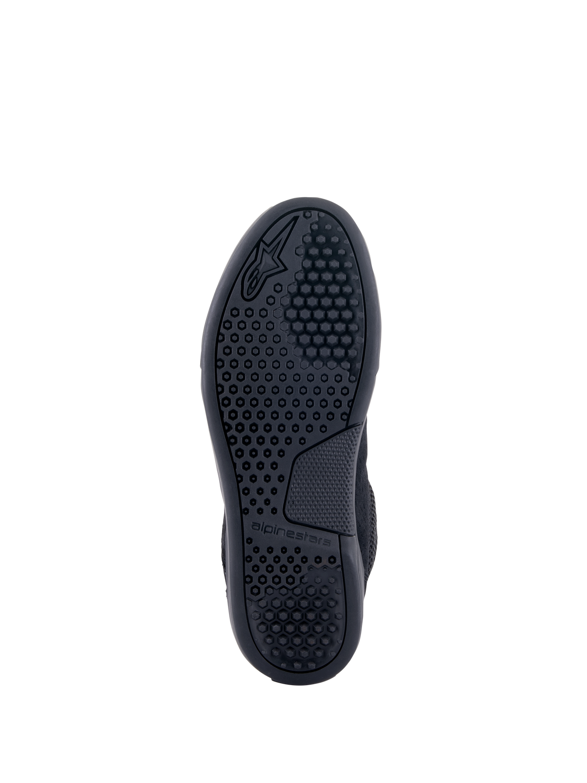 Alpinestars Chrome Air Shoe, Black, bottom view showing the outsole with a detailed hexagonal traction pattern, embossed Alpinestars logo and branding, durable rubber sole for urban motorcycle riding