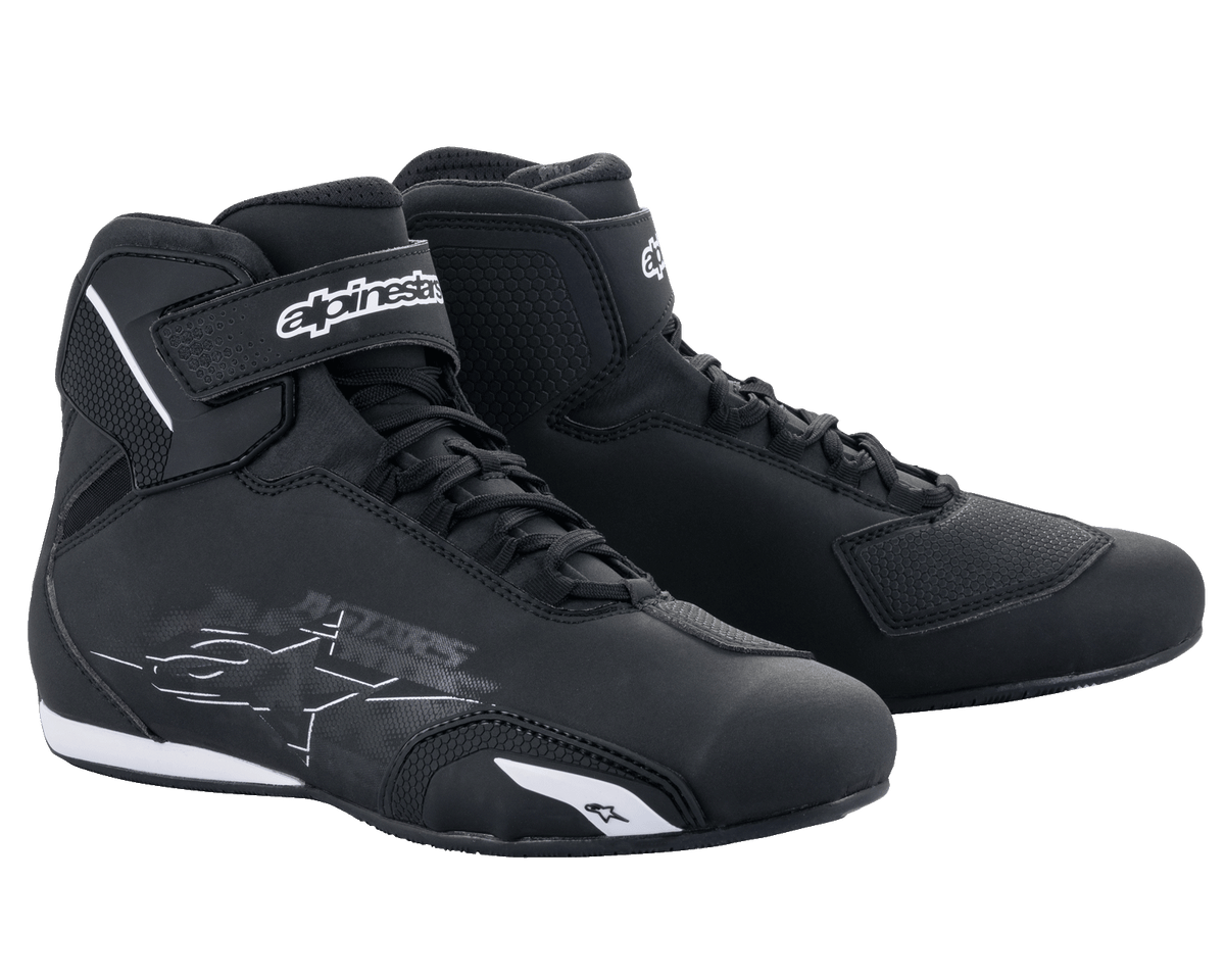 Alpinestars Sektor Shoes, Motorcycle Riding Shoes, Black and White, featuring speed lacing system and hook-and-loop ankle straps, sleek microfiber upper with protective reinforcements, performance footwear for road riding