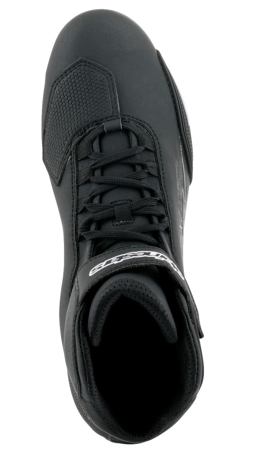 Alpinestars Sektor Shoes, Motorcycle Riding Shoes, Black with white branding, top-down view featuring speed lacing system, hook-and-loop ankle strap, and TPR toe reinforcement