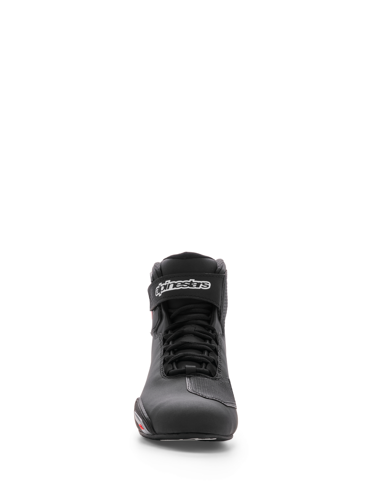 Alpinestars Sektor Shoe, sapato de motociclismo, preto, vista frontal mostrando o chassis em microfibra, sistema de atacadores rápidos e tira no tornozelo com logótipo Alpinestars branco, design atlético elegante para condução em estrada