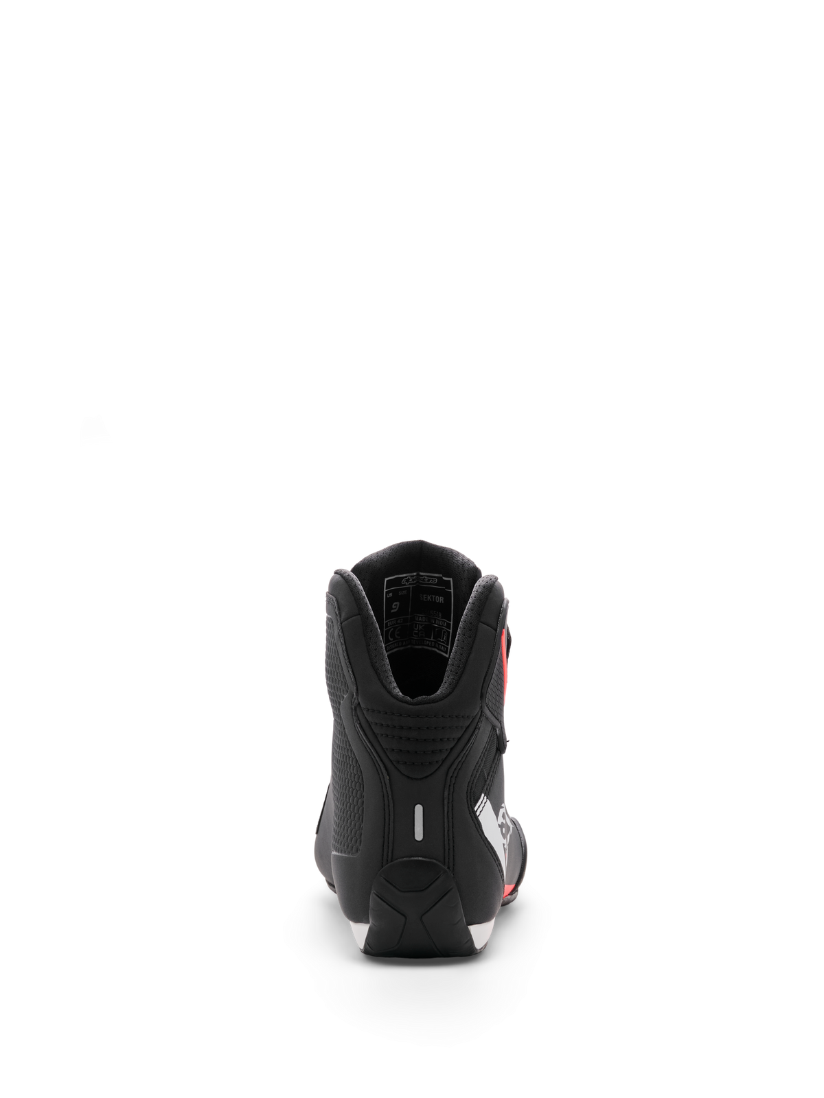 Sapato Alpinestars Sektor, sapatos de motociclismo, preto, branco e vermelho fluo, vista traseira focada no calcanhar e acolchoamento interno do tornozelo, acabamento elegante em microfibra para uso desportivo e em estrada