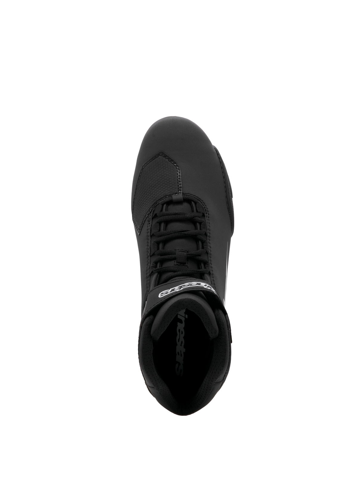 Sapatos Alpinestars Sektor, sapatos de motociclismo, pretos, vista superior com sistema de atacadores rápidos e tira no tornozelo para um fecho seguro com logótipo branco, construção em microfibra leve