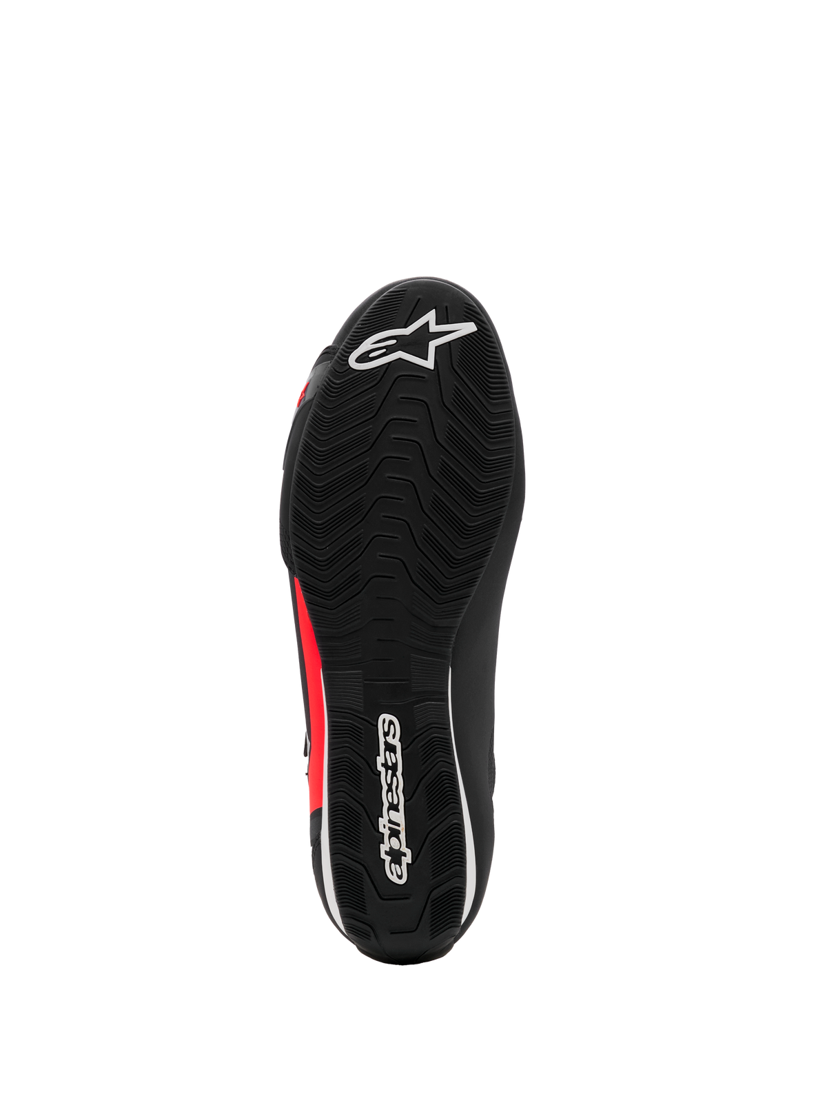 Sapatos Alpinestars Sektor, sapatos de motociclismo, preto, branco e vermelho fluo, vista inferior com sola de borracha texturizada, logótipos brancos e detalhes vermelhos, design de calçado leve para condução em estrada