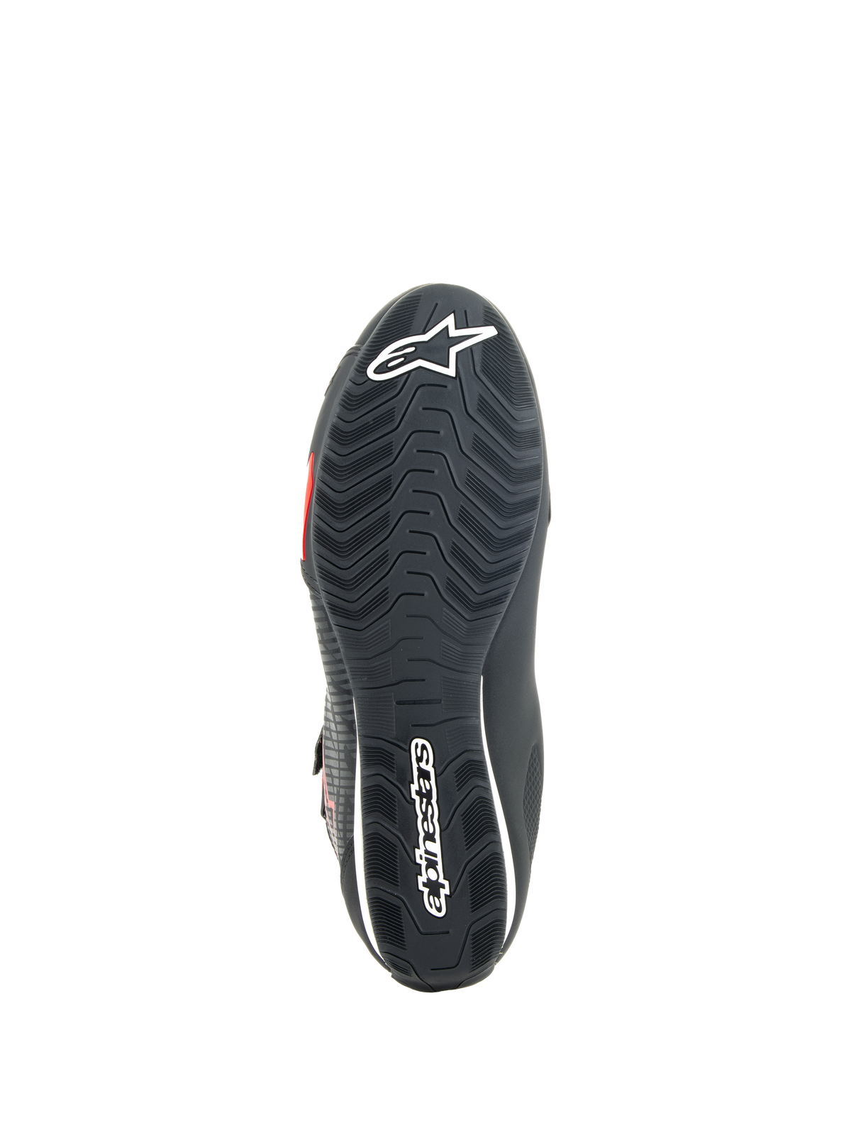 Alpinestars Sektor Shoes, Motorcycle Riding Shoes, Black and Bright Red, bottom view of textured rubber sole featuring white Alpinestars branding and integrated support shank for grip and stability.