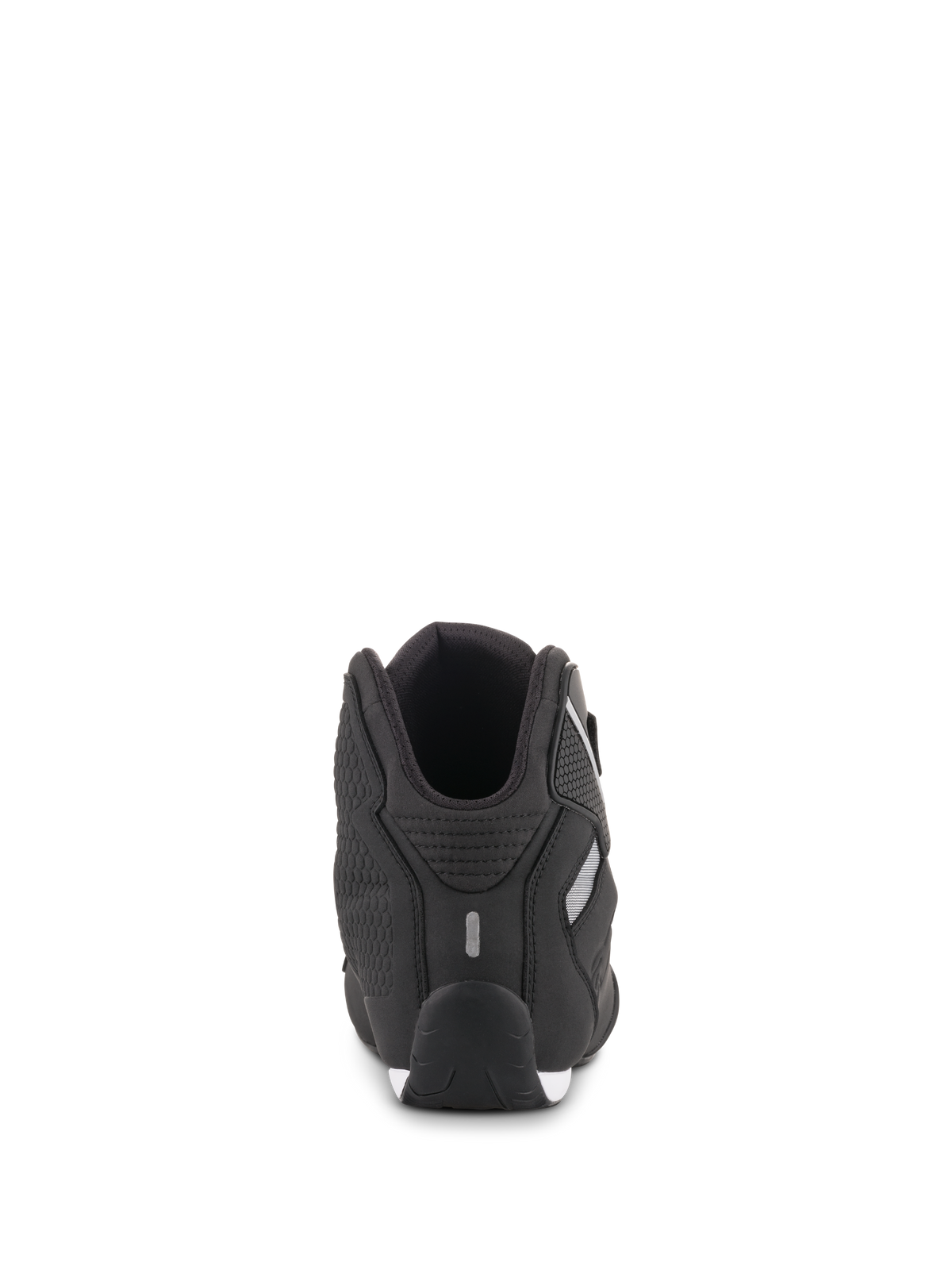 Alpinestars Sektor Shoes, Black, Rear View, showing heel construction with reflective detail and textured side panel, lightweight microfiber motorcycle riding footwear for sport and road use
