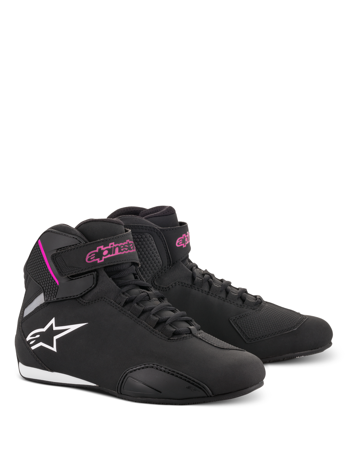 Alpinestars Women Stella Sektor Shoes, Motorcycle Riding Shoes, Black and Fuchsia, lightweight microfiber construction, high-top design with speed laces and velcro strap, pink branding and white star logo, sporty protective footwear