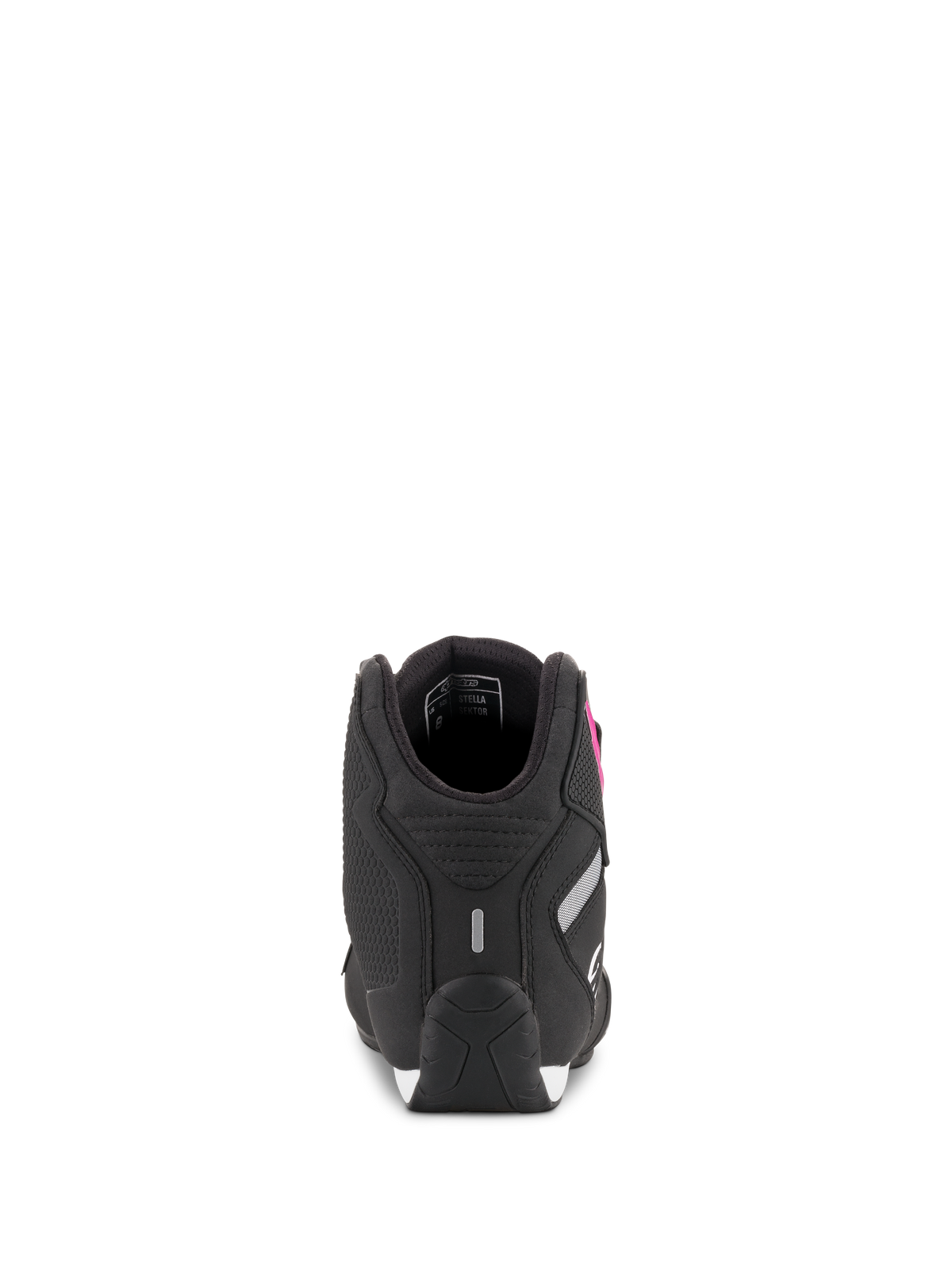Alpinestars Women Stella Sektor Shoes, Black and Fuchsia, Rear view showing heel construction and reflective detail, lightweight microfiber motorcycle riding footwear.