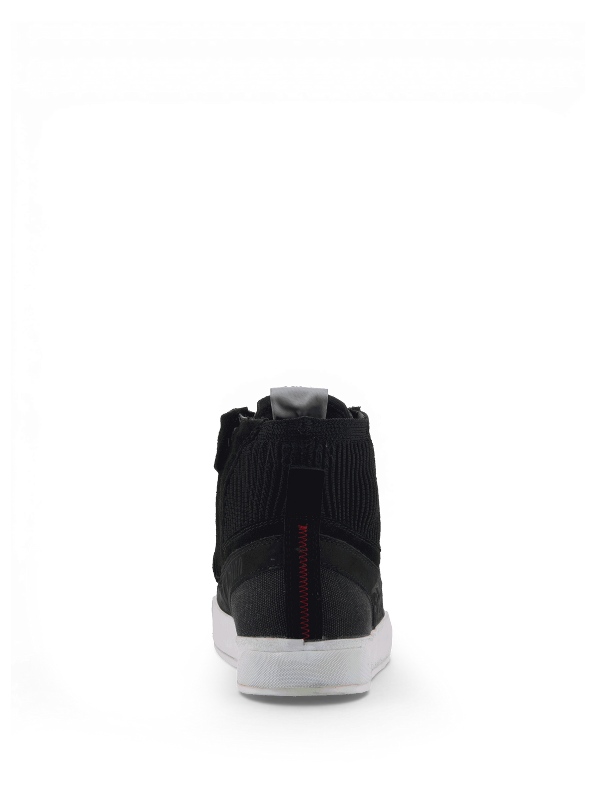 Alpinestars Sapatos Stated, sapatos de moto urbanos para homem, pretos e brancos, vista traseira, estilo retro com sola vulcanizada
