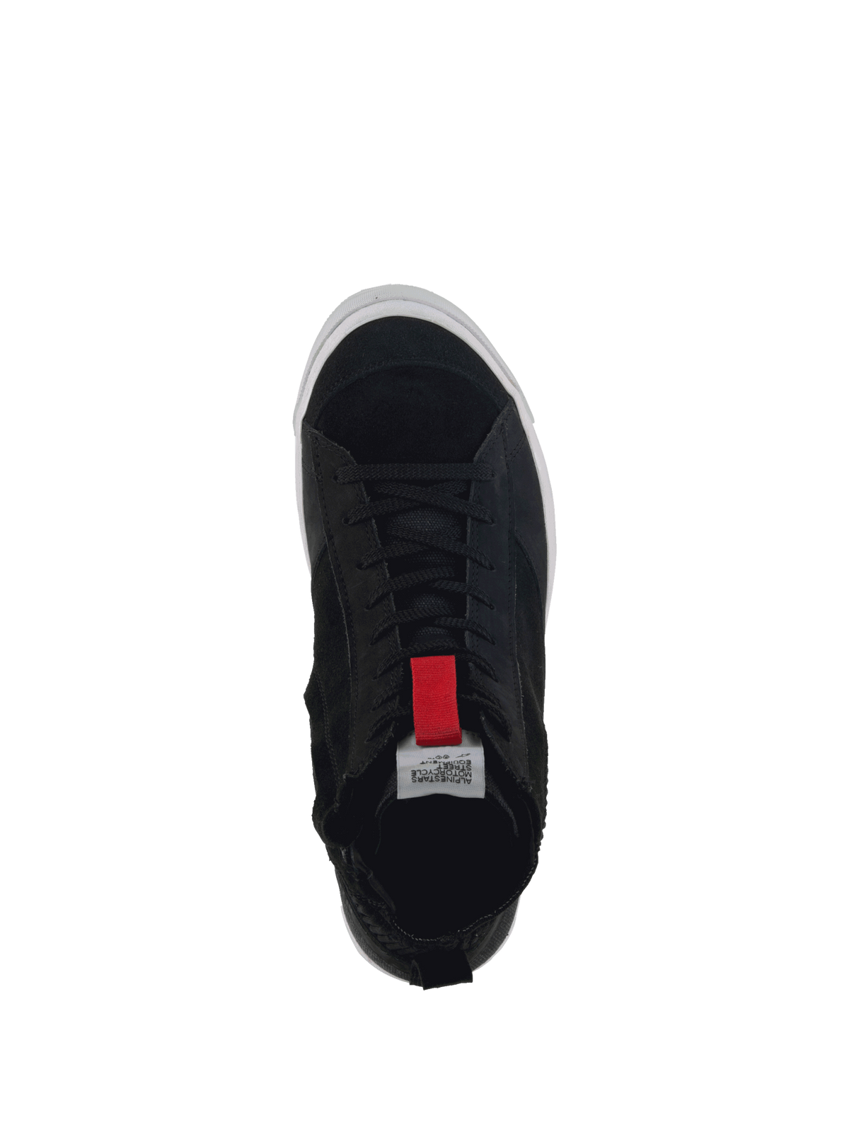 Alpinestars Stated, sapatos de moto urbanos para homem, pretos com pormenores vermelhos, em camurça, vista superior.