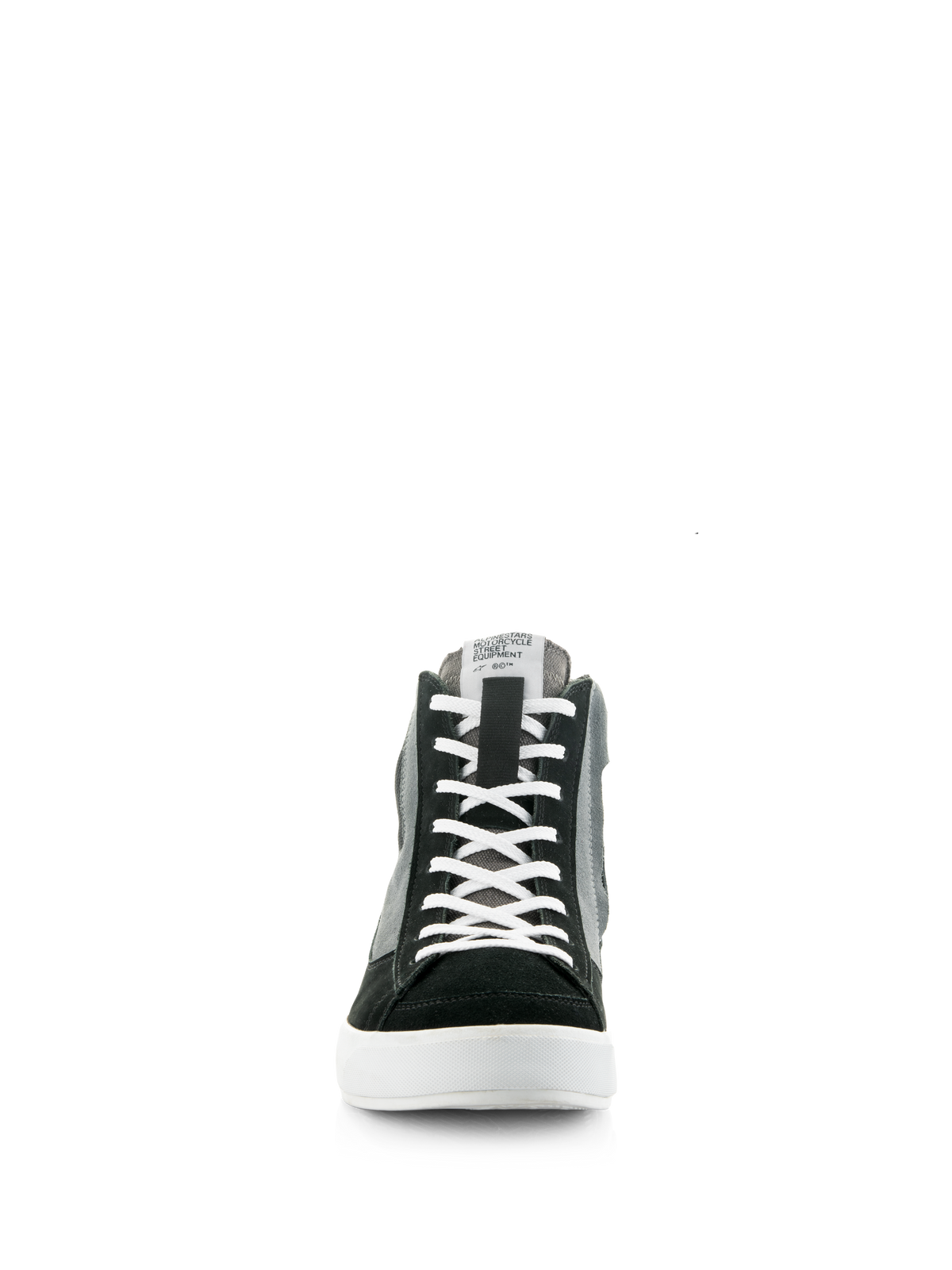 Alpinestars Stated Shoes, Black Gray and White, front-facing view of high-top motorcycle riding sneaker, white laces, black suede toebox, gray canvas panels, white vulcanized sole, urban street style