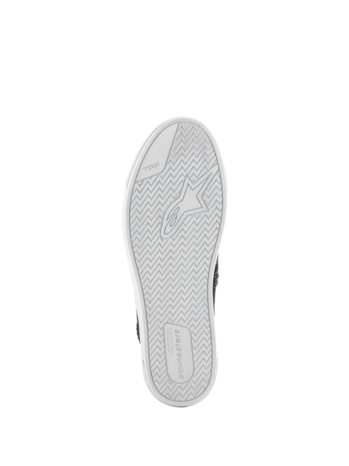 Alpinestars Stated Shoes, Bottom View, White Vulcanized Rubber Outsole, Herringbone Tread Pattern with Alpinestars Logo and TPF Branding, Urban Motorcycle Footwear