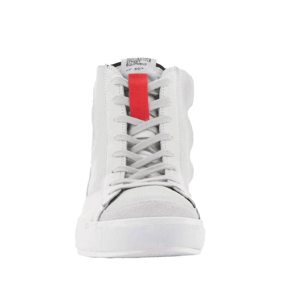Alpinestars Stated Shoes, sapatos de moto urbanos em branco e cinzento com detalhe vermelho e design estilo skate.