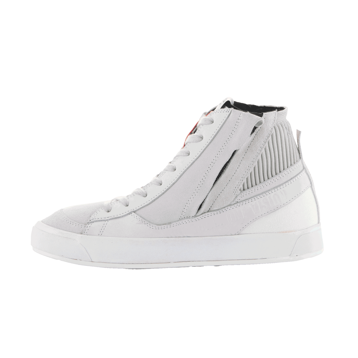 Alpinestars Stated Shoes, sapatos de moto urbanos para homem, brancos e cinzentos frios, em nobuck e camurça, com sola vulcanizada branca e fecho de correr lateral.