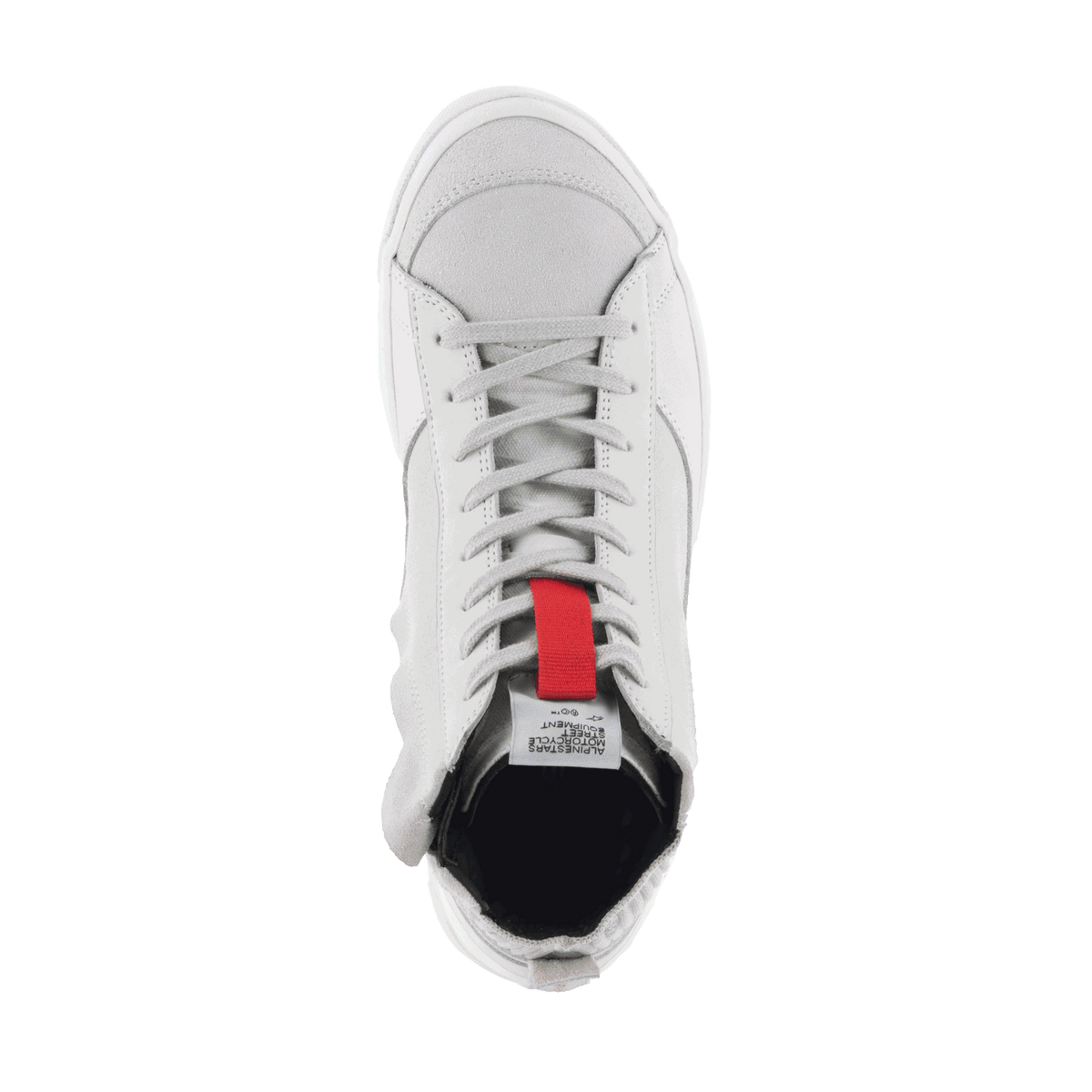 Alpinestars Stated, sapatos de moto urbanos para homem, brancos e cinzentos, vista superior, biqueira em camurça e detalhe vermelho na língua.