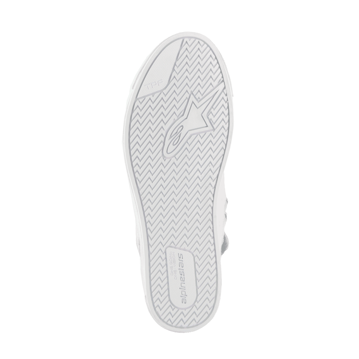 Alpinestars Stated, sapatos de moto urbanos, brancos e cinzentos, sola vulcanizada com padrão em espinha e proteção TPF.