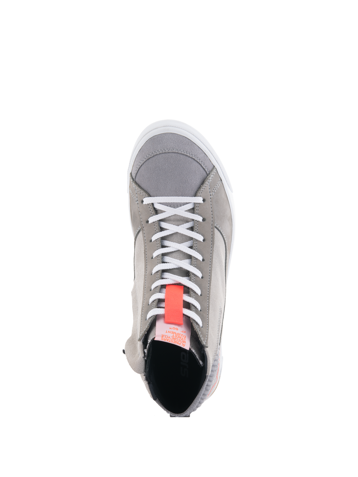 Alpinestars Stated Shoes, ténis de motociclismo cinzento claro, vista superior com atacadores brancos e uma presilha vermelha fluorescente vibrante, estilo urbano com materiais em camurça e nubuck, rebordo da sola vulcanizada branca