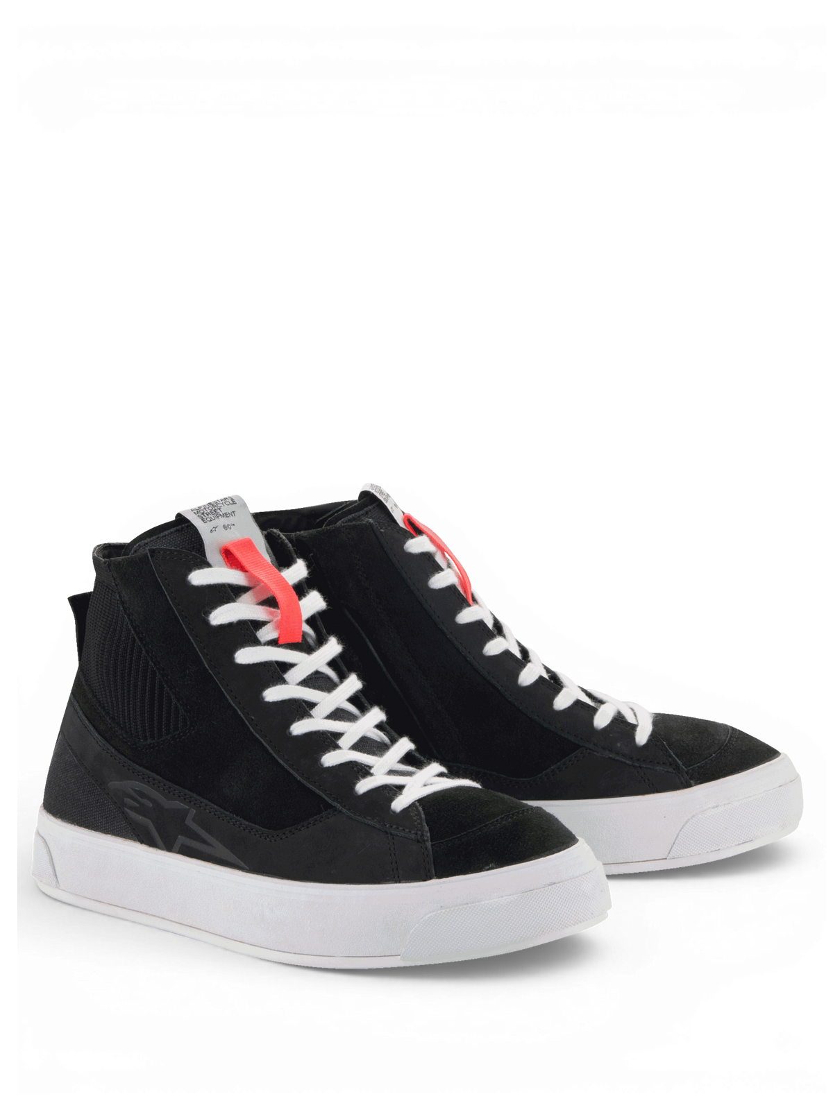 Alpinestars Stella Stated Podium, sapatos de moto urbanos para mulher, pretos com sola branca vulcanizada, estilo retro inspirado no skate, construção em couro e lona