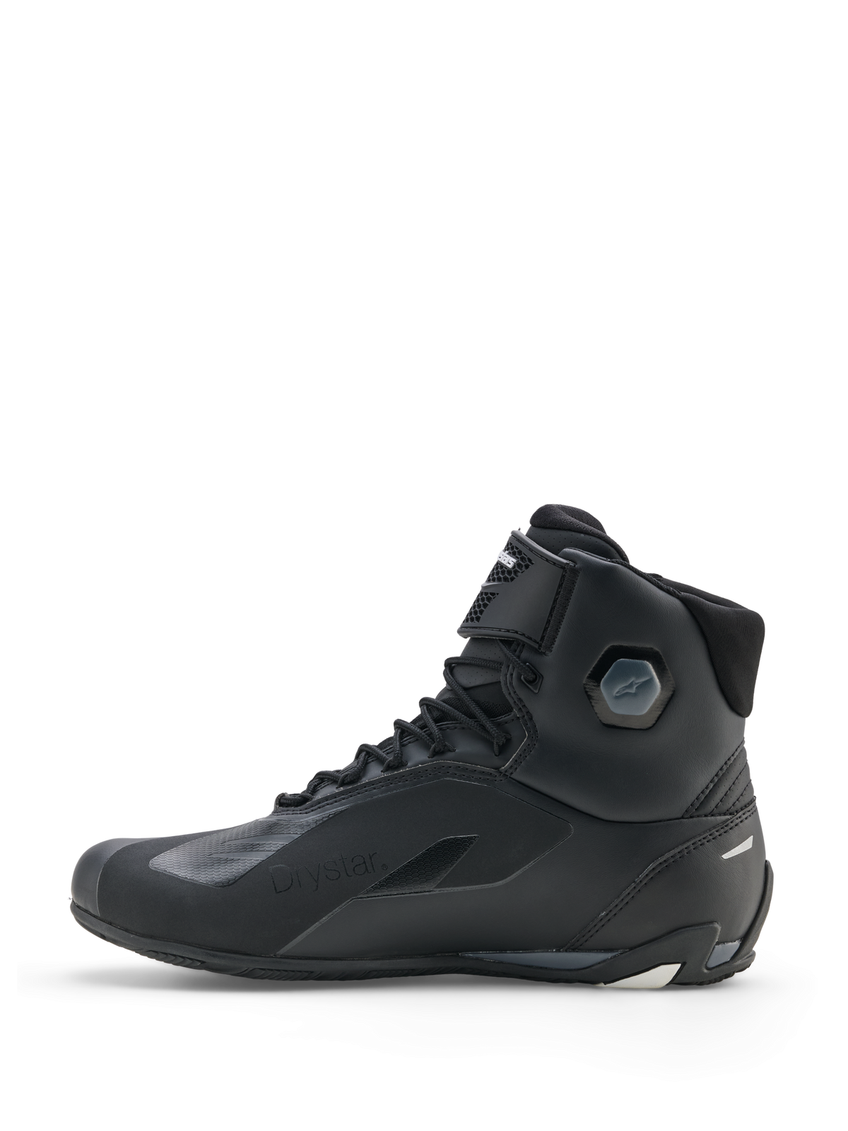 Sapatos Alpinestars Faster-4 Drystar®, sapatos de motociclismo, preto, cinzento cool e branco, vista de perfil lateral com construção impermeável, fecho de atacadores com tira de gancho e laço e proteção de tornozelo integrada.