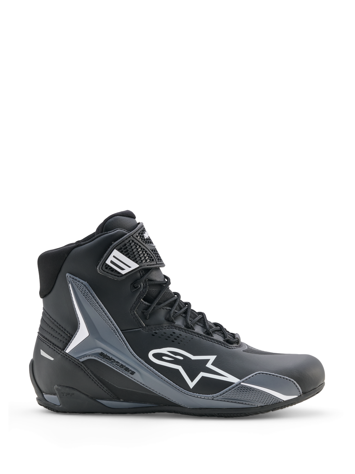 Sapatos Alpinestars Faster-4 Drystar, sapatos de motociclismo, preto, cinzento cool e branco, vista de perfil lateral com logótipo Astars branco, design de cano alto com painéis de proteção reforçados, fecho de atacadores com tira no tornozelo, estilo desportivo moderno