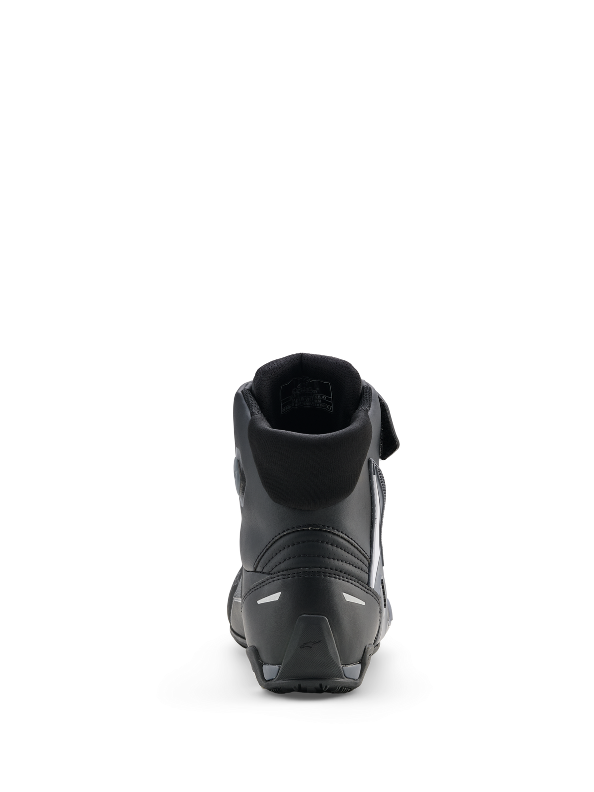 Sapatos Alpinestars Faster-4 Drystar®, sapatos de motociclismo, preto, cinzento cool e branco, vista traseira a mostrar o colarinho acolchoado, calcanhar reforçado com detalhes refletores e sola de borracha texturizada para desempenho desportivo