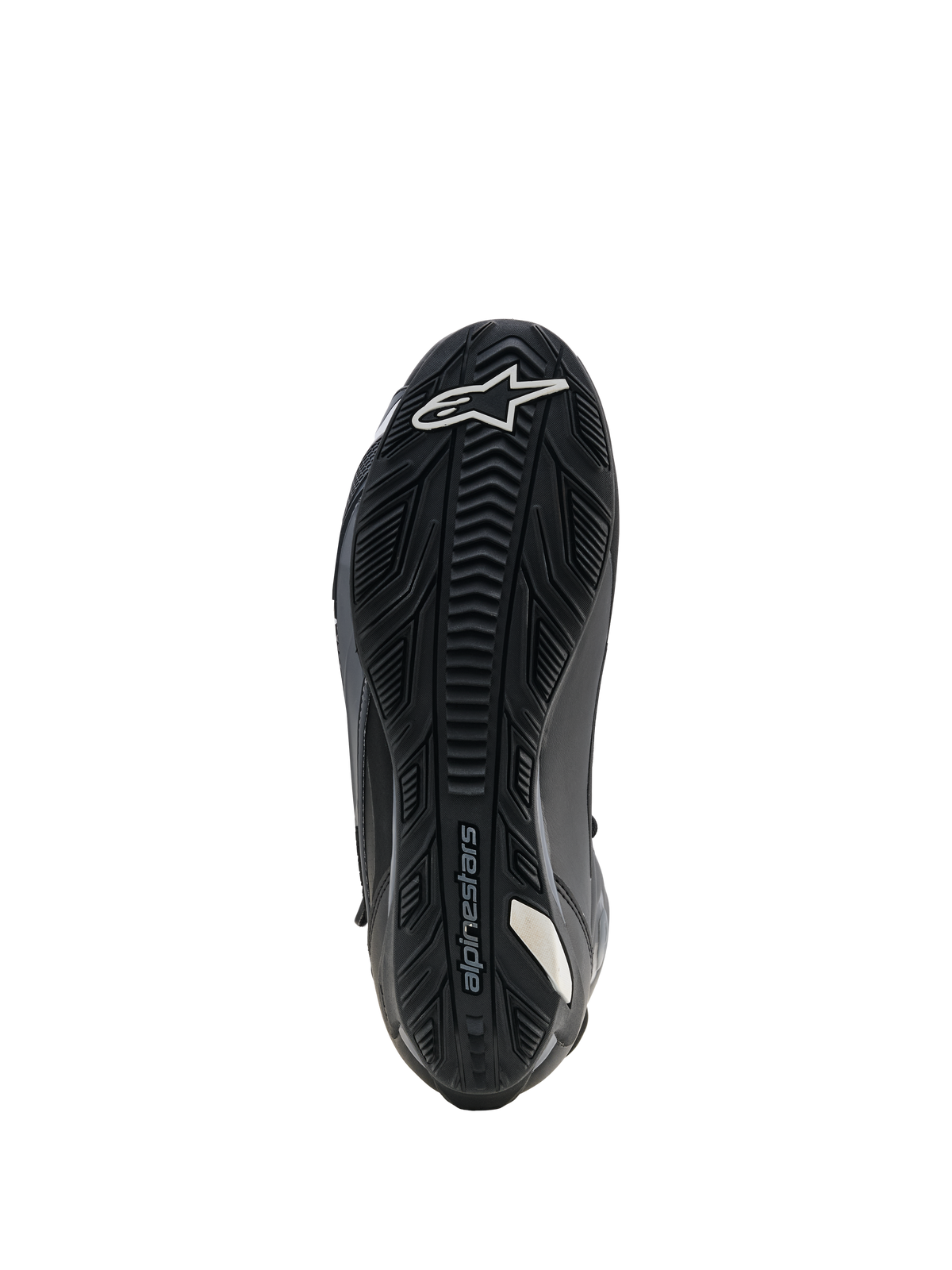 Sapatos Alpinestars Faster-4 Drystar, sapatos de motociclismo, pretos, vista da sola mostrando a sola exterior de borracha reforçada com aderência texturizada, logótipo de estrela branca na biqueira e marca Alpinestars, concebidos para estabilidade e aderência aos poisa-pés