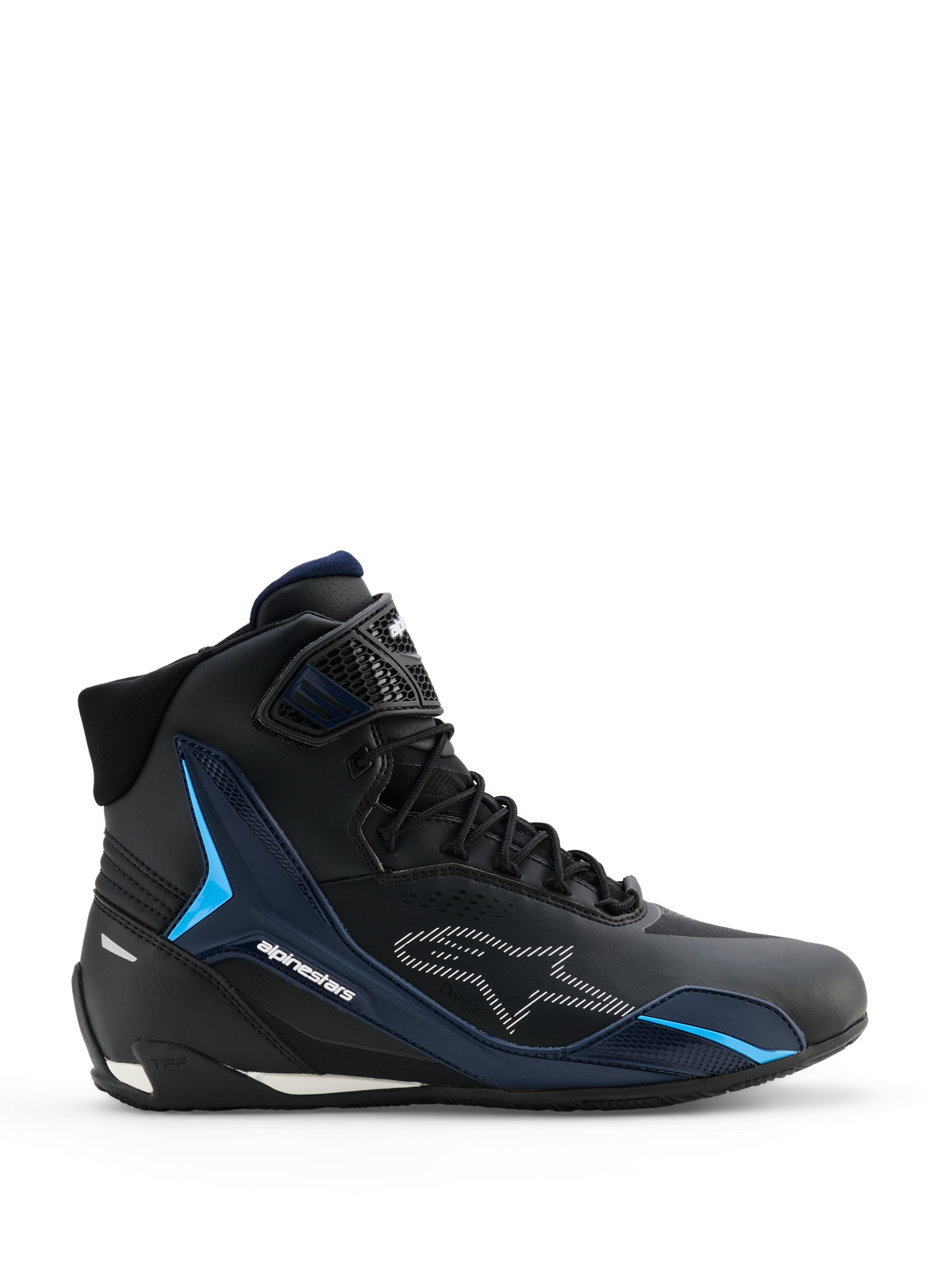 Alpinestars Faster-4 Drystar Shoes, Motorcycle Riding Shoes, Black Night Navy Cyan, lateral view showing high-top sneaker design, cyan TPU support panels, white dashed Alpinestars logo, and lace closure with a textured ankle strap.