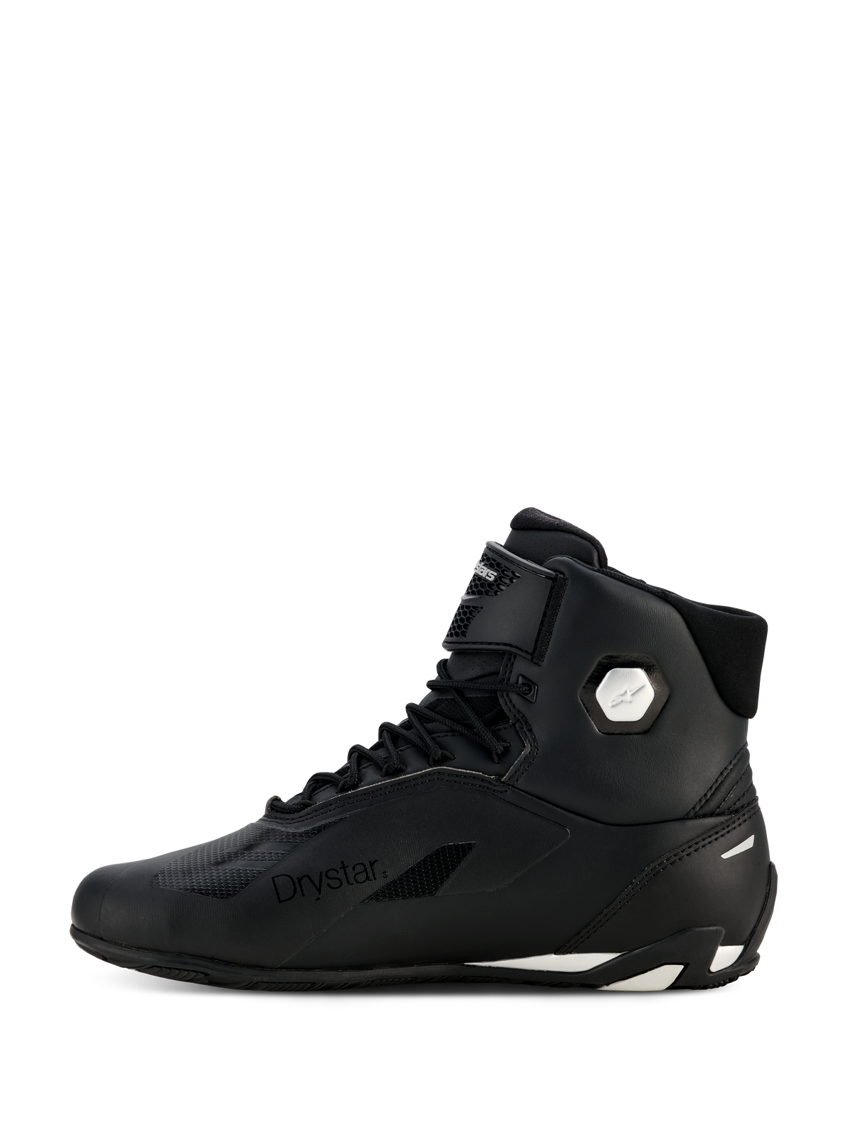 Alpinestars Woman Stella Faster-4 Drystar® Shoes, Black and Silver, lateral side profile view, waterproof motorcycle riding shoes with microfiber upper, lace-up closure and hook-and-loop strap, featuring Drystar branding and silver ankle logo.