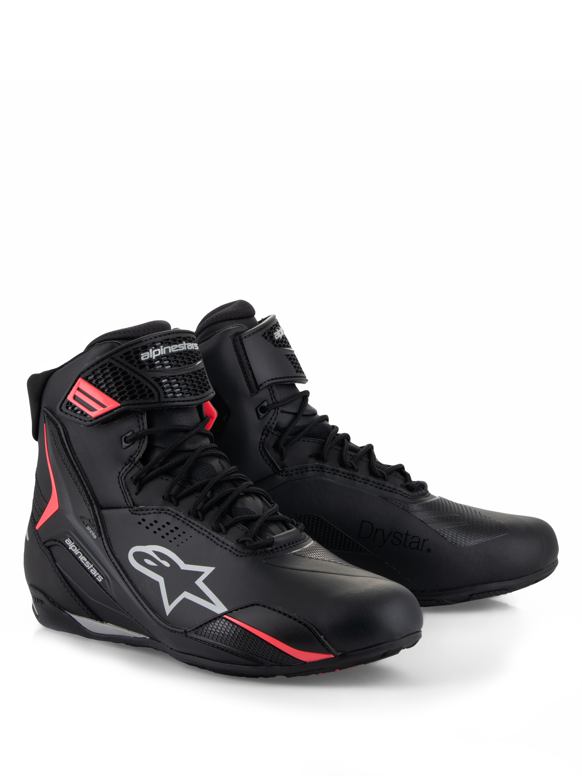 Sapatos Alpinestars Stella Faster-4 Drystar®, sapatos de motociclismo para mulher, pretos, cinzentos e coral fluo, com tecnologia Drystar® impermeável, fecho de atacadores com tira de velcro segura, e detalhes em coral vibrante com logótipo Alpinestars em branco