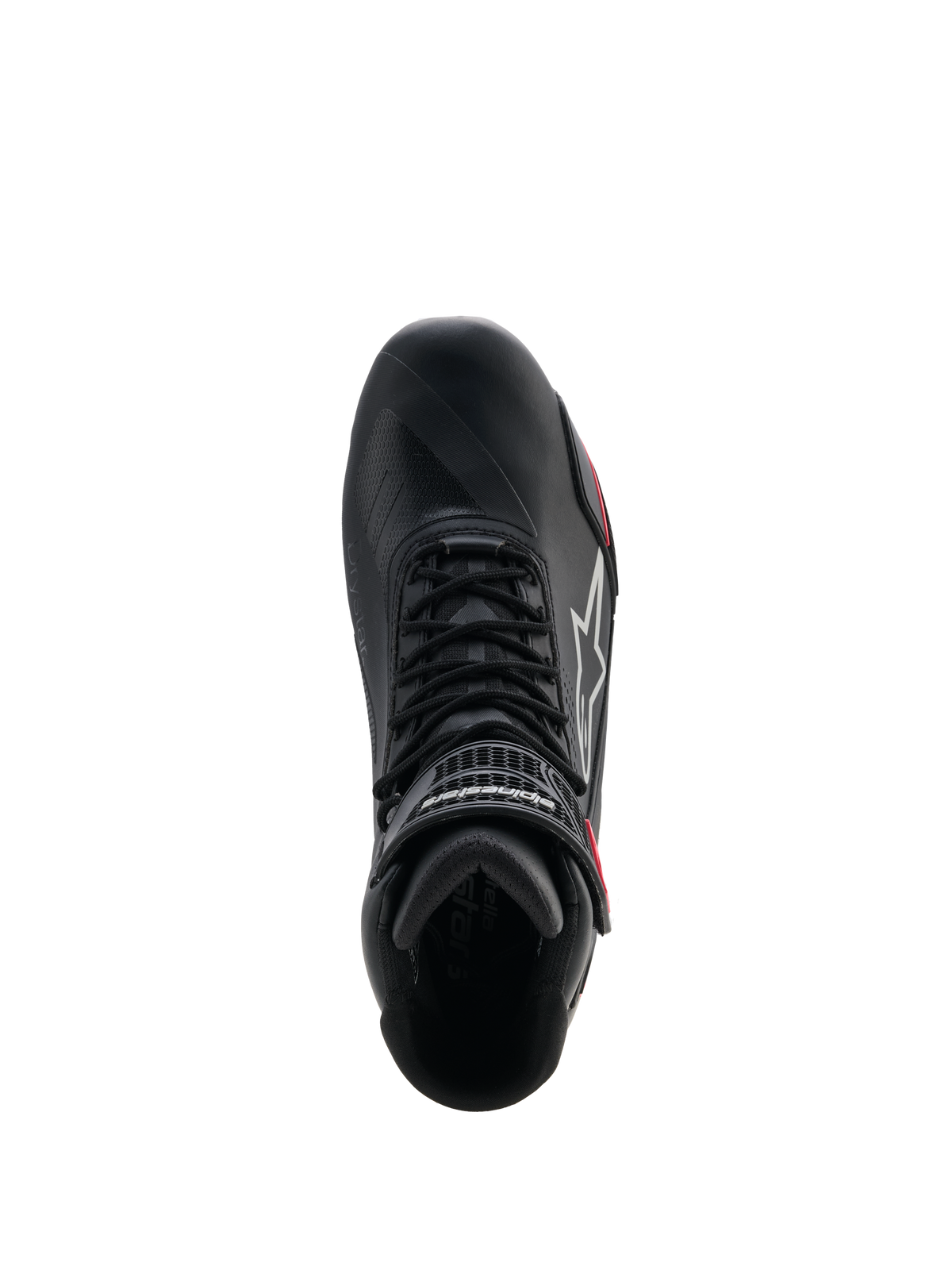 Sapatos Alpinestars Stella Faster-4 Drystar® para Mulher, sapatos de motociclismo, pretos, cinzentos e coral néon, vista superior que mostra o sistema de atacadores e a tira de velcro no tornozelo, design elegante em microfibra com tecnologia impermeável Drystar®