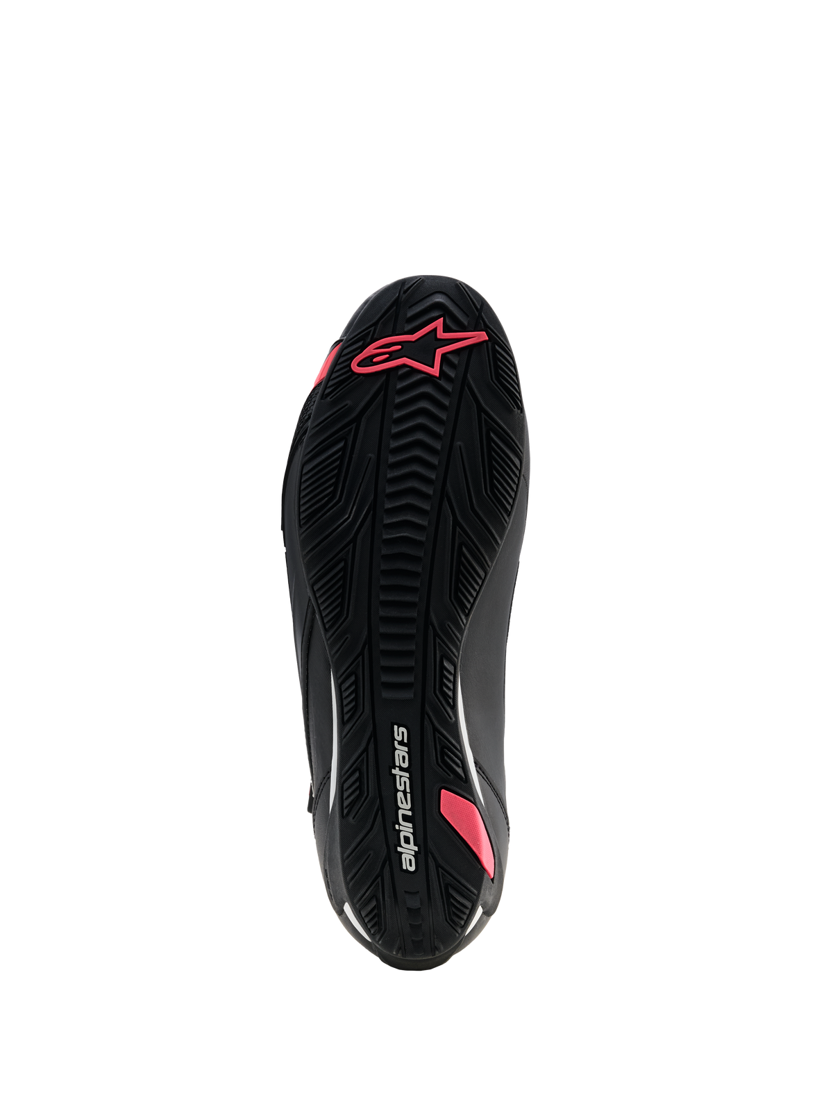 Alpinestars Stella Faster-4 Drystar® Shoes, sapatos de motociclismo para mulher, preto e coral fluo, vista inferior da sola de borracha texturizada com padrão de aderência, logótipo Astars e marca Alpinestars.