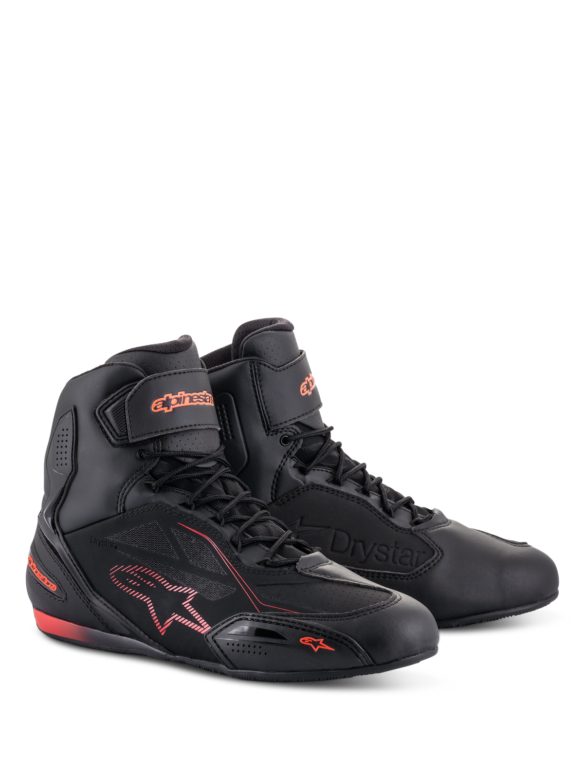 Alpinestars Faster-3 Drystar® Shoes, Motorcycle Riding Shoes, Black and Red Fluo, featuring a high-top profile with lace-up closure and ankle strap, microfiber construction with fluorescent red branding and accents.