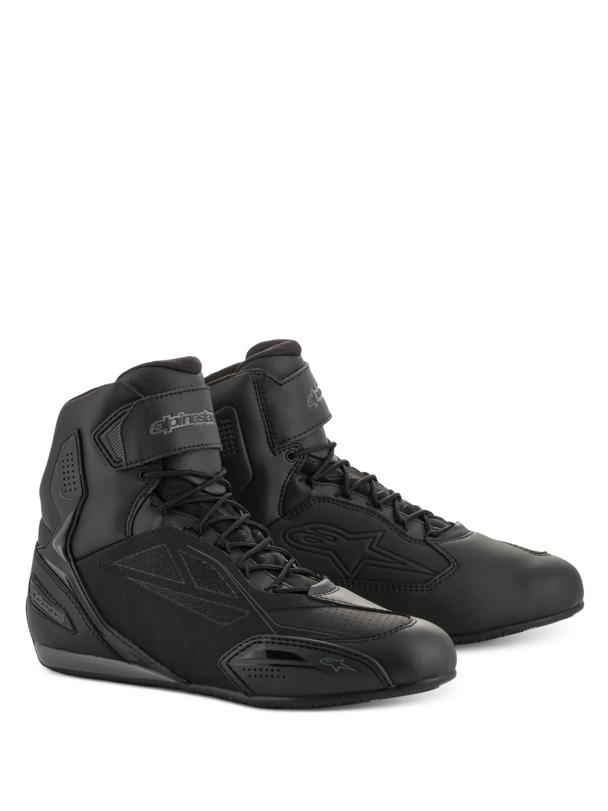 Sapatos de Condução Alpinestars Faster-3 Drystar®, sapatos de motociclismo, pretos e cinzento cool gray, design de cano alto com fecho de atacadores e tira de velcro no tornozelo, estrutura elegante em microfibra com painéis de proteção, calçado impermeável para condução em estrada.