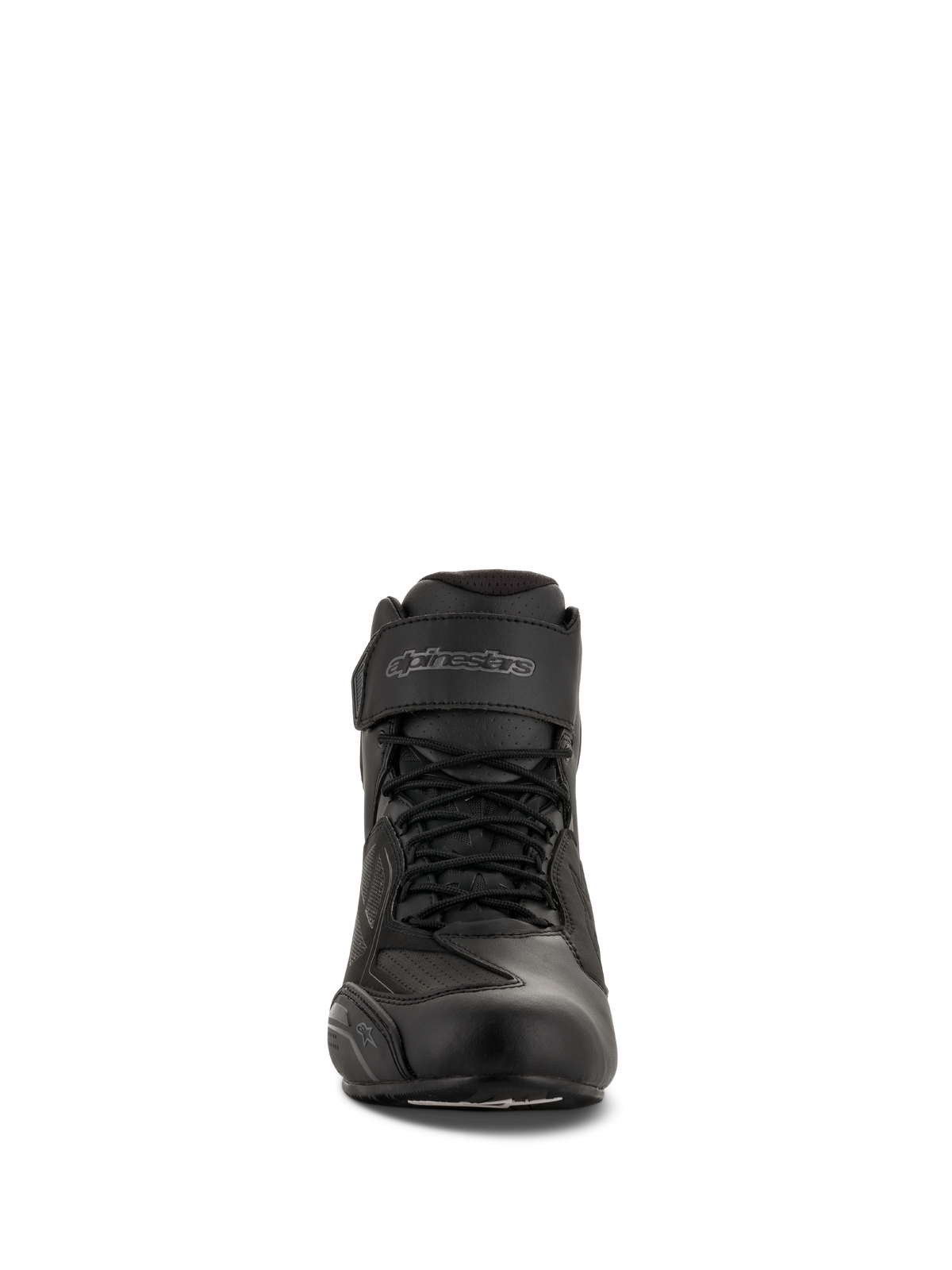 Sapatos de Motociclismo Alpinestars Faster-3 Drystar®, Preto Cool Gray, vista frontal com fecho de atacadores e tira de velcro no tornozelo, calçado de microfibra impermeável.