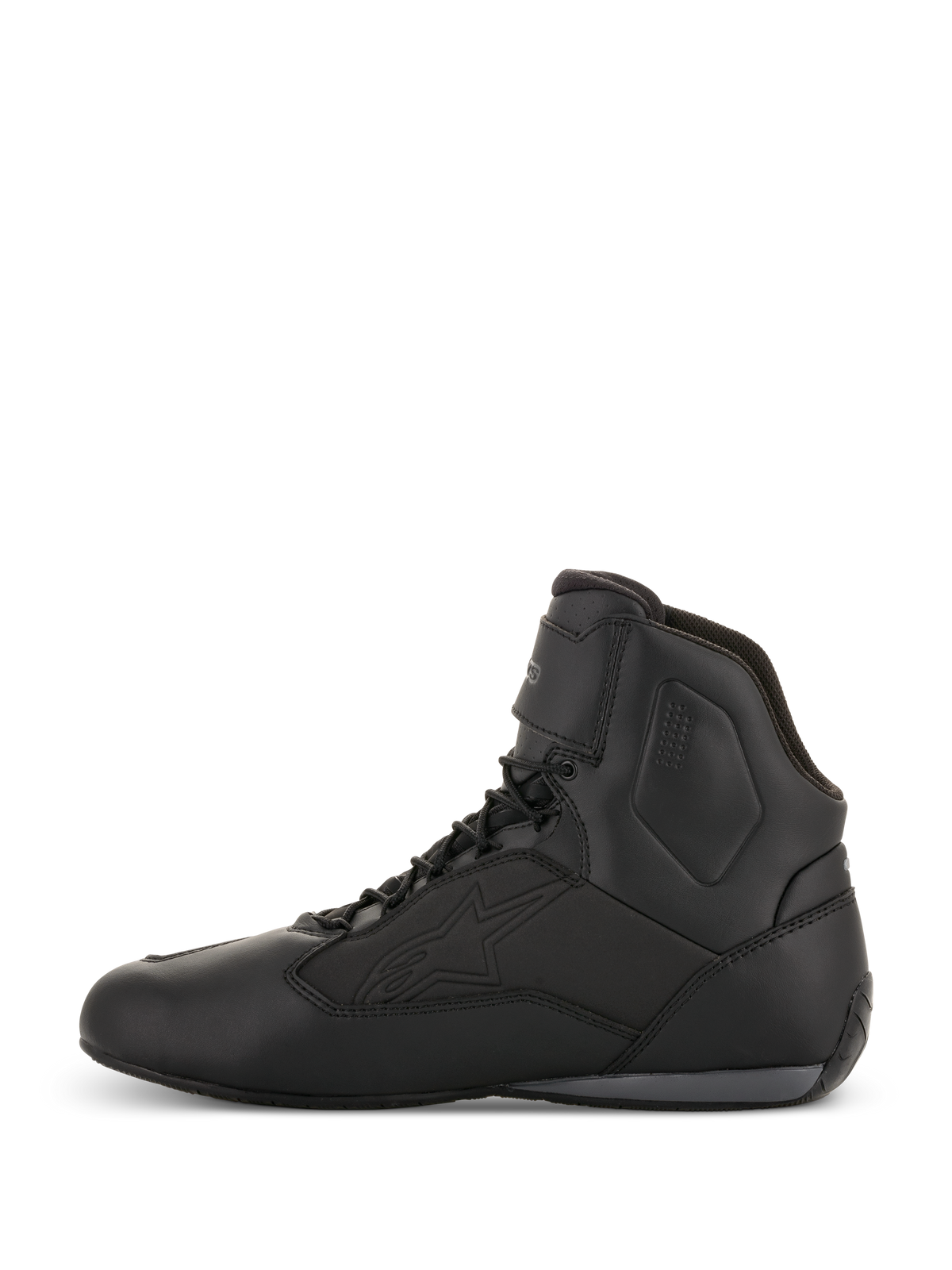 Alpinestars Faster-3 Drystar® Riding Shoes, sapatos de motociclismo, preto e cinzento frio, vista de perfil lateral, design de cano alto com atacadores, construção em microfibra impermeável, equipamento técnico para condução em estrada