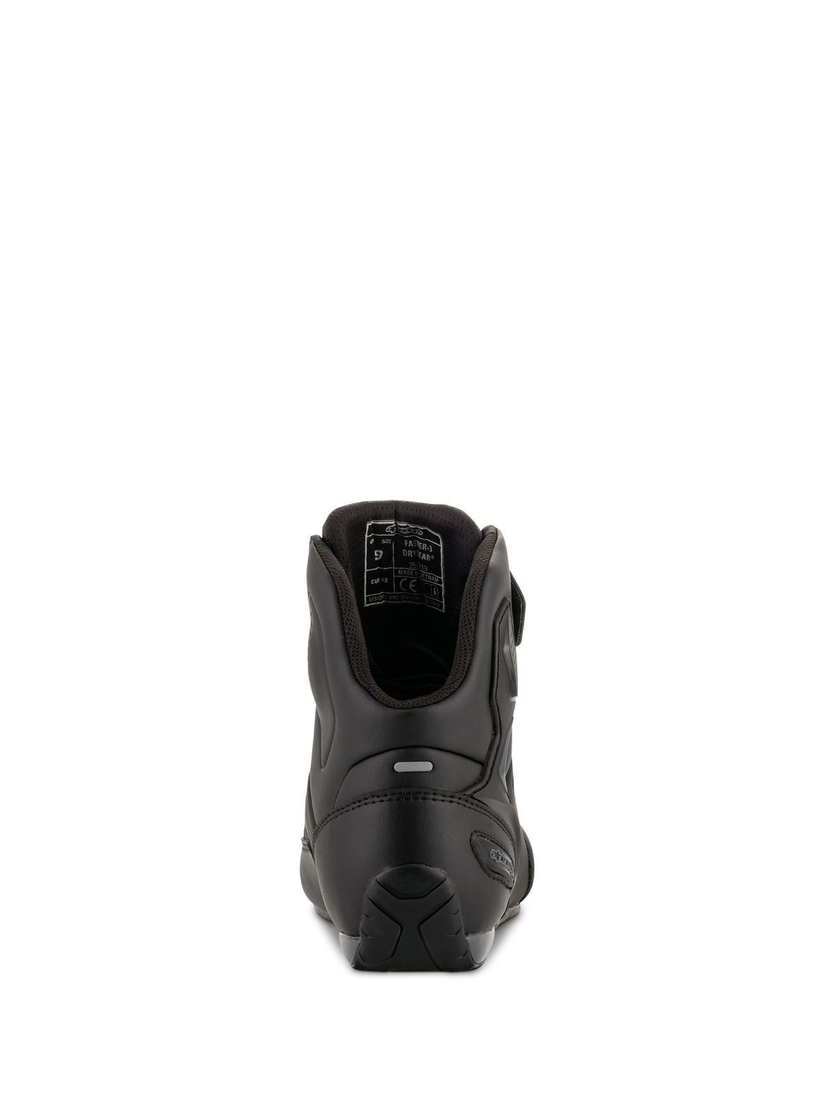 Sapatos de Condução Alpinestars Faster-3 Drystar®, Preto Cool Gray, vista traseira com reforço no calcanhar, detalhe refletor e forro interno, construção em microfibra impermeável para condução em estrada.