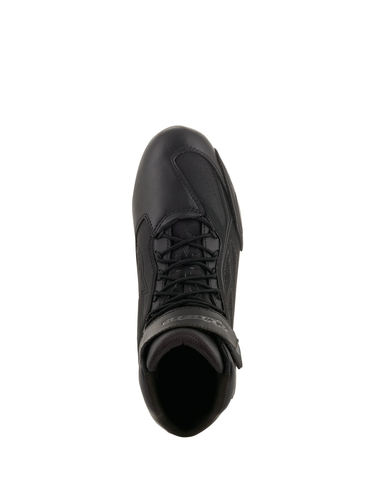 Sapatos de Motociclismo Alpinestars Faster-3 Drystar®, sapatos de condução de motociclismo, preto e cinzento, vista superior mostrando o chassi em microfibra, atacadores pretos e tira de velcro no tornozelo, design técnico de inspiração desportiva para condução em estrada em todas as condições climatéricas