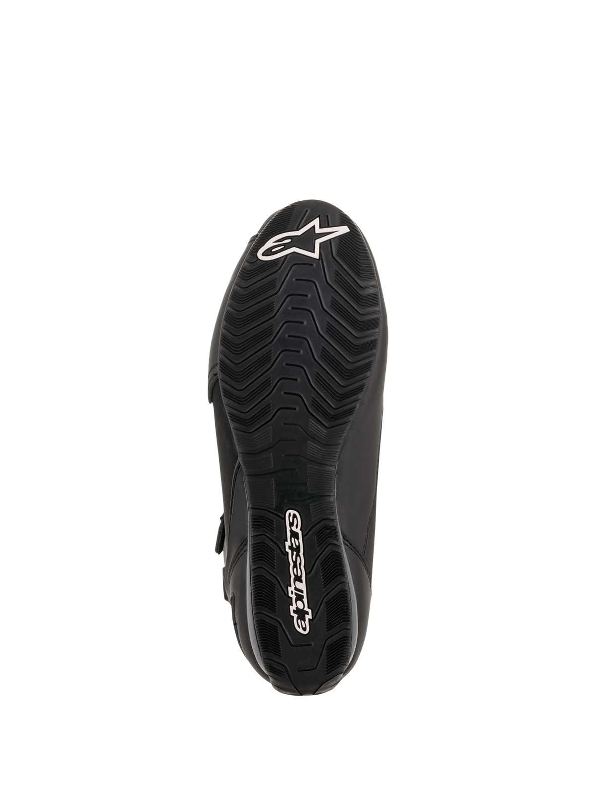 Sapatos Alpinestars Faster-3 Drystar®, vista da sola, borracha preta com padrão de rasto texturizado ondulado, logótipo de estrela Alpinestars branco na biqueira e nome da marca no calcanhar, calçado técnico de motociclismo.