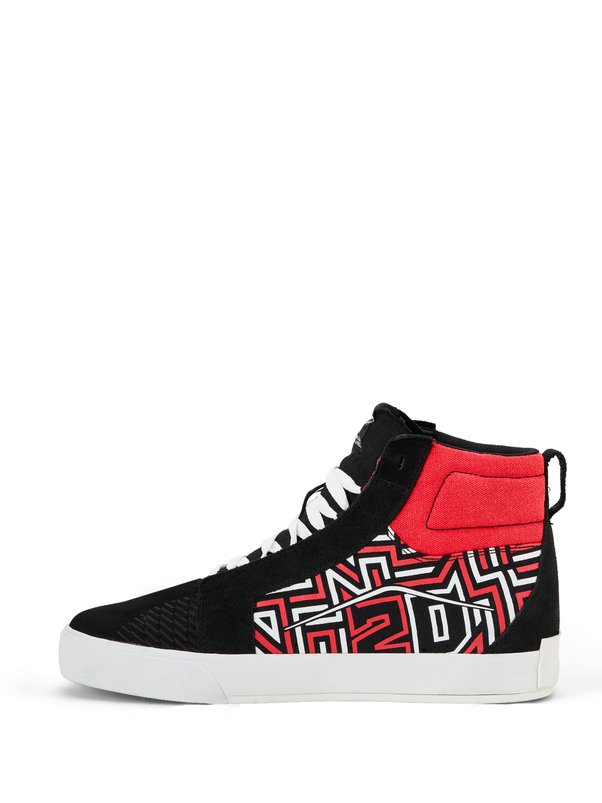 Alpinestars FQ20 Ride-63 Canvas Shoes, High-Top Motorcycle Riding Shoe, Black White and Bright Red, featuring a stylized graphic pattern on the side, white laces, and a thick white vulcanized sole, casual skate-style design for urban riding