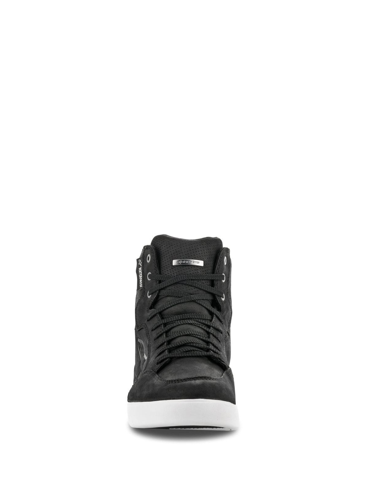 Sapato Alpinestars J-6 Waterproof, vista frontal, sapato de condução em pele preta com sola branca, design estilo sapatilha com atacadores pretos, com etiqueta waterproof e detalhe do logótipo em prateado, calçado urbano para motociclismo