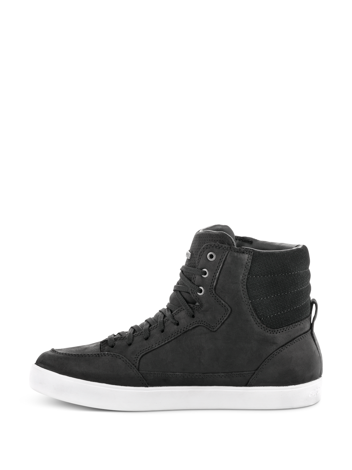 Alpinestars J-6 Waterproof Shoe, Preto e Branco, perfil lateral de sapatilha de condução de cano alto, construção em couro preto com sola de borracha branca, calçado urbano para motociclismo com design de atacadores.