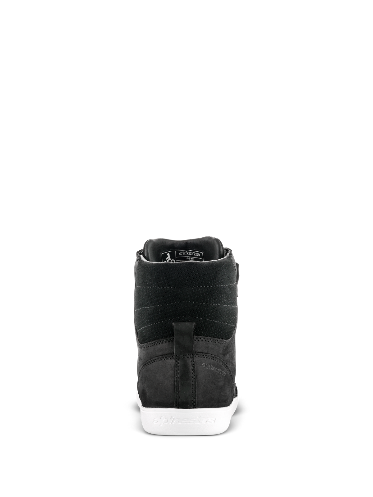 Alpinestars J-6 Waterproof Shoe, sapato de motociclismo, preto e branco, vista traseira mostrando o calcanhar e a parte superior em pele texturizada com sola de borracha branca
