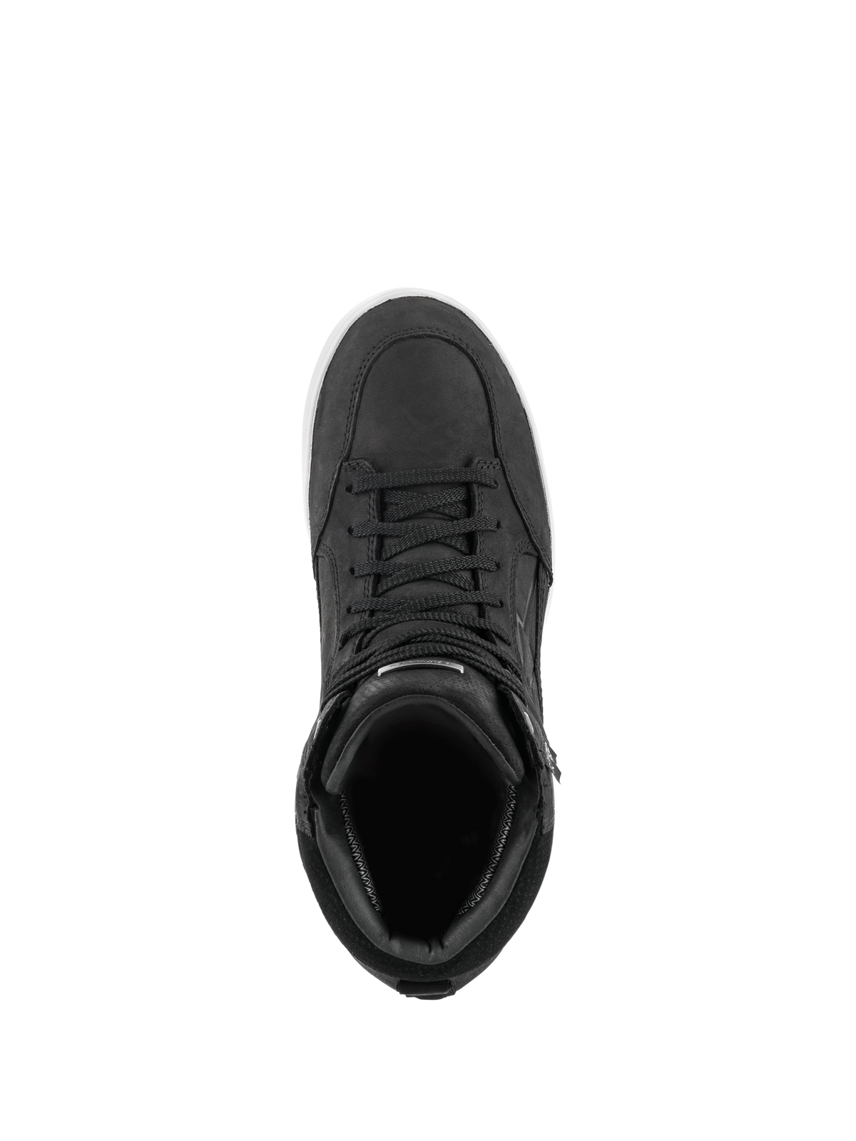Alpinestars J-6 Waterproof Shoe, preto e branco, vista superior de bota de motociclismo estilo sapatilha, construção em couro preto premium com atacadores a condizer e detalhe de sola branca, calçado de condução urbana