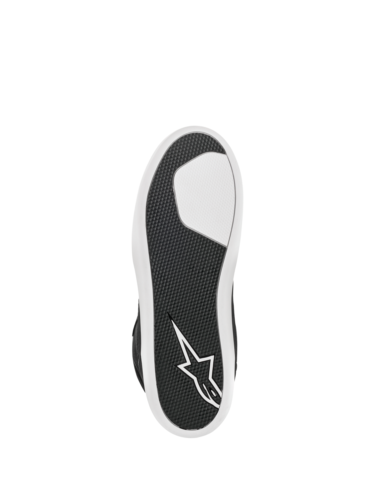 Sapato Alpinestars J-6 Waterproof, Preto e Branco, vista inferior mostrando a sola de borracha avançada, padrão de aderência texturizado para durabilidade, logótipo da estrela branco no calcanhar, calçado de motociclismo urbano