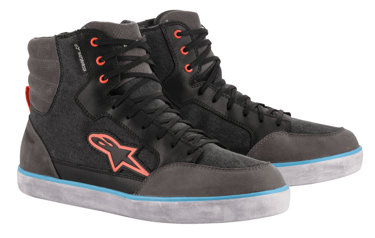 Alpinestars J-6 Waterproof Canvas Riding Shoes, Black and Anthracite Gray, high-top sneaker design with orange logo and eyelets, light blue stripe on the white sole, waterproof urban motorcycle footwear
