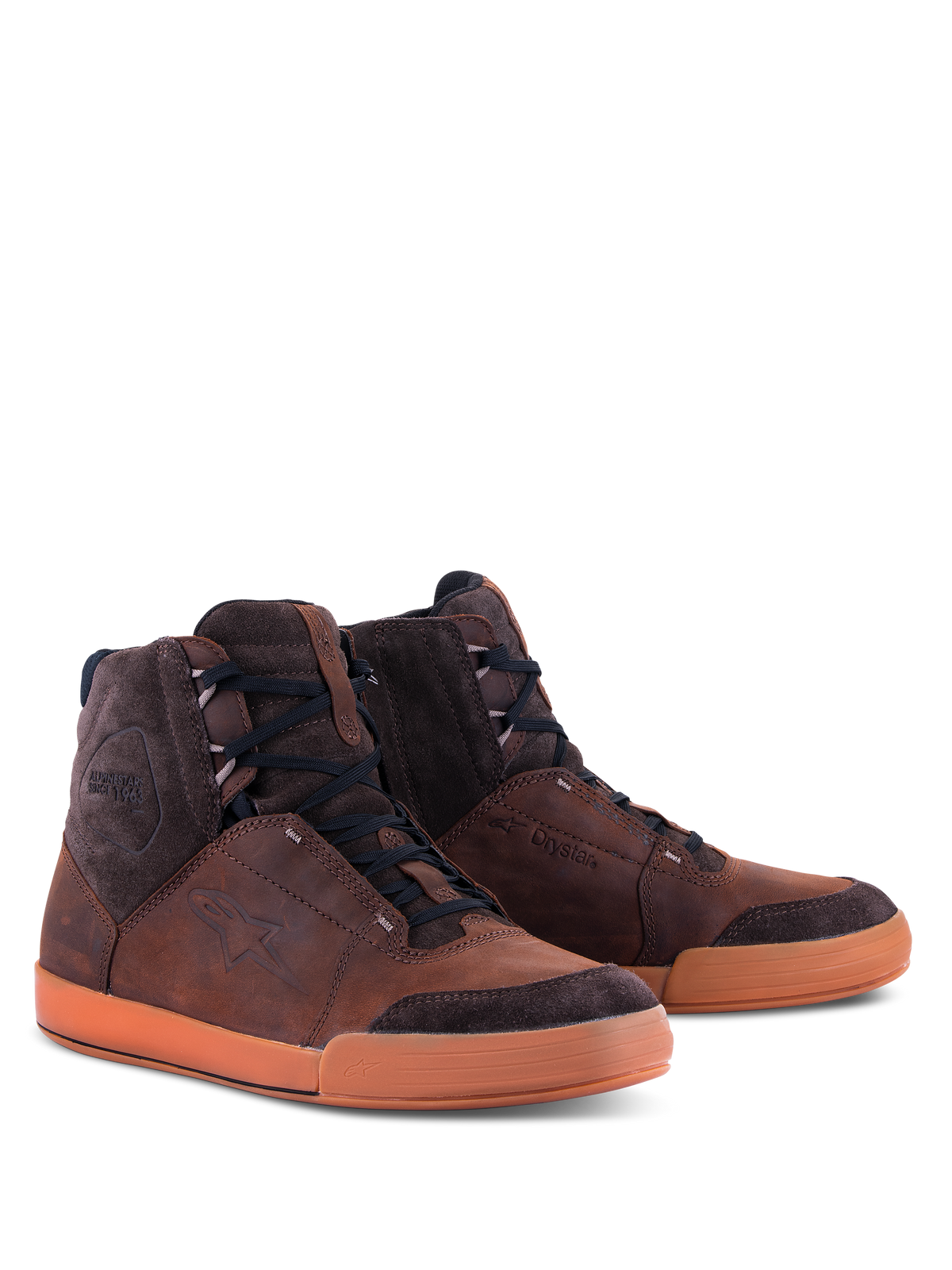 Alpinestars Chrome Crafted Drystar® Shoes, Urban Riding Shoes, Brown and Gum, high-top leather and suede construction, black laces, gum rubber sole, featuring embossed logo and Drystar branding, contemporary casual motorcycle footwear