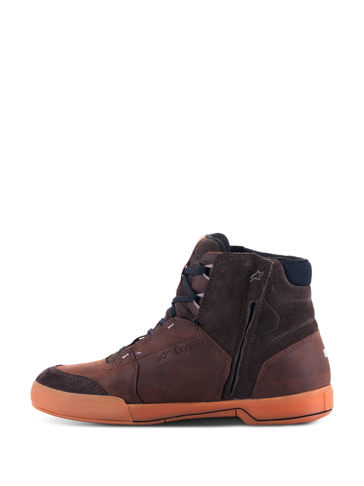 Alpinestars Chrome Crafted Drystar® Shoes, Urban Motorcycle Riding Shoes, Brown and Gum, side profile showing premium leather and suede panels, gum-colored rubber sole, side zipper for easy entry, and embossed Drystar branding, casual streetwear style for urban motorcycling.